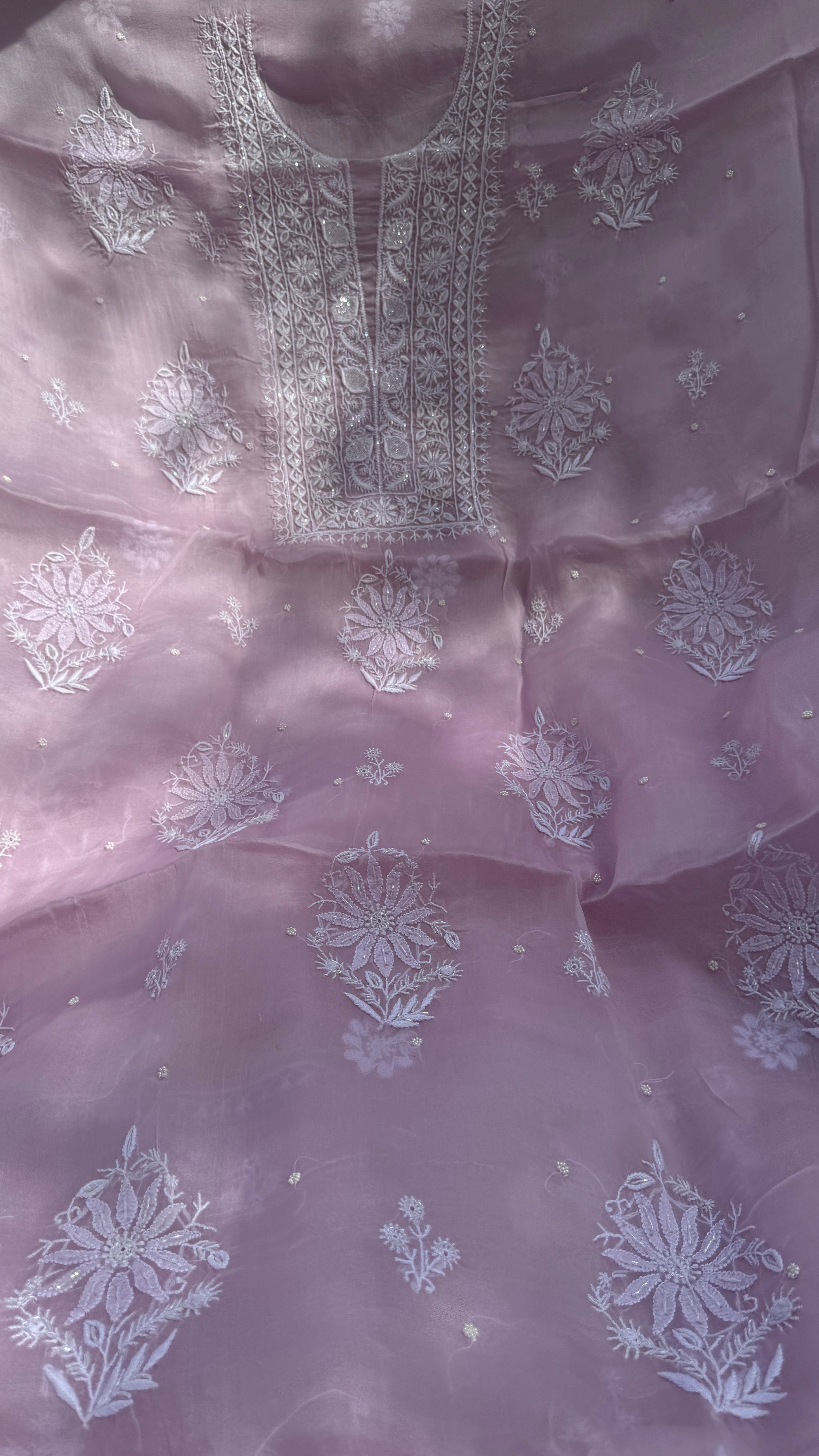 Organza Chikankari Kurta Set with Dupatta | Pearl & Cutdana Work - Rose Pink