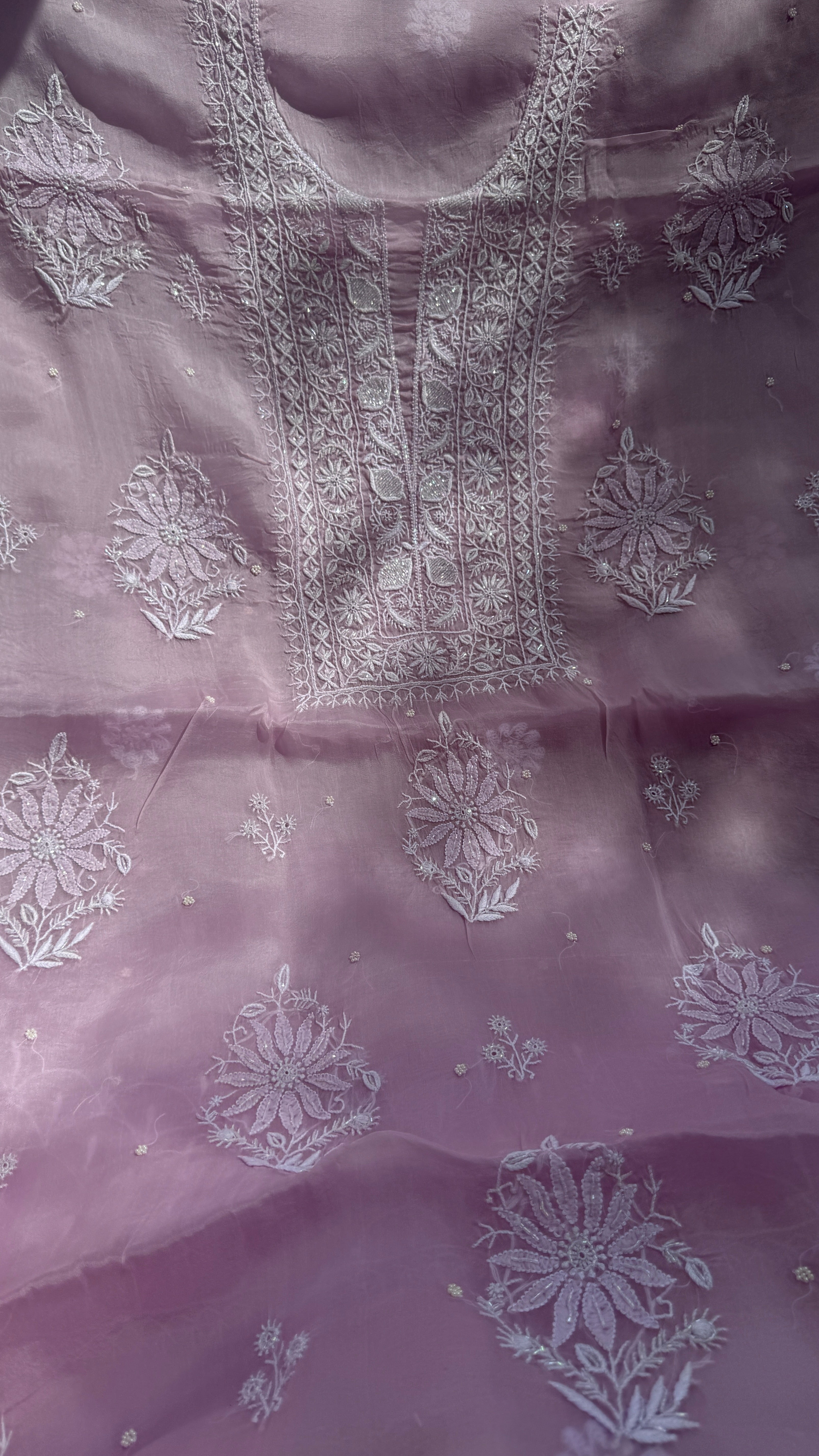 Organza Chikankari Kurta Set with Dupatta | Pearl & Cutdana Work - Rose Pink