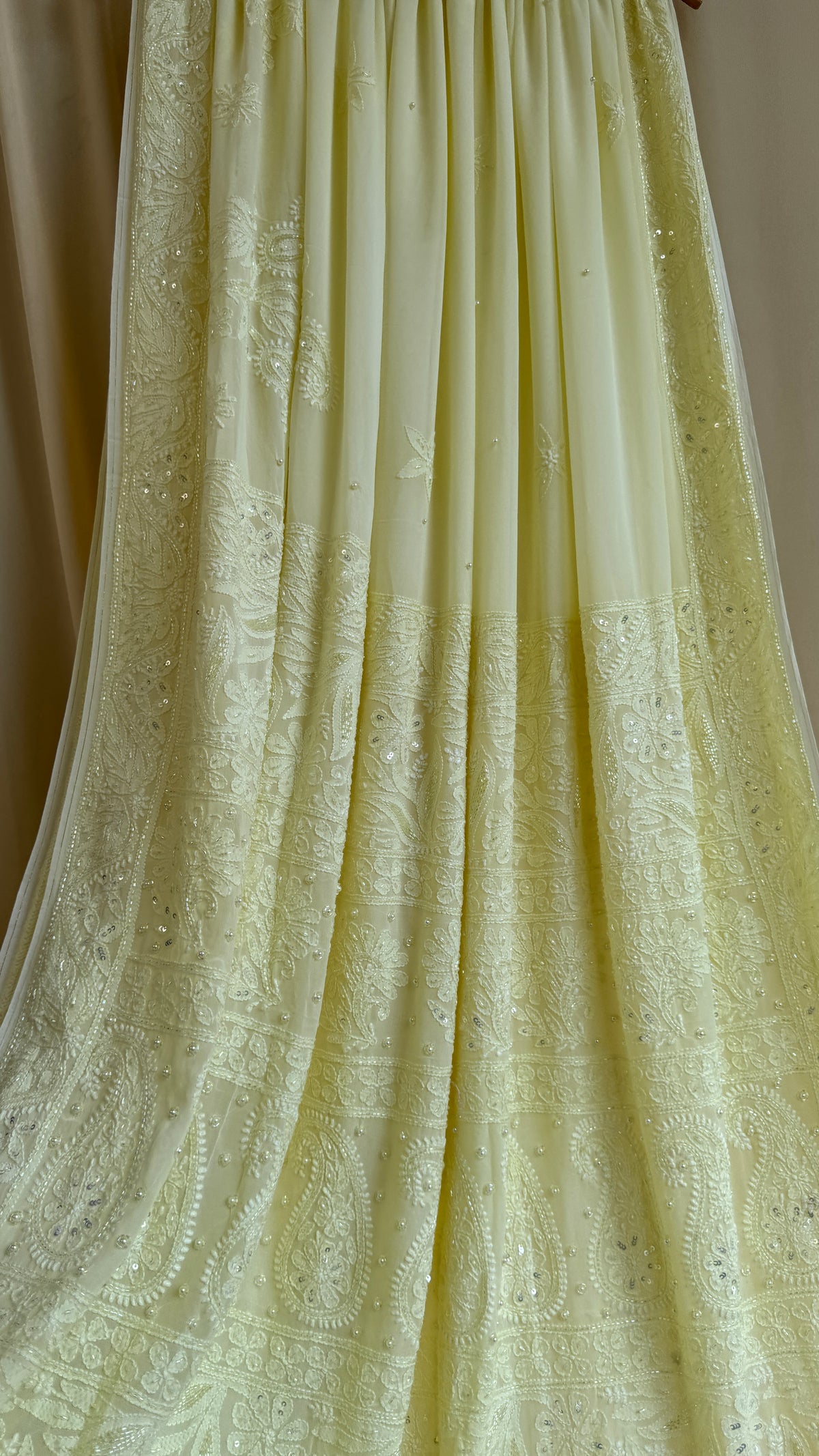 Lemon Yellow Chikankari saree with Pearl embellishments