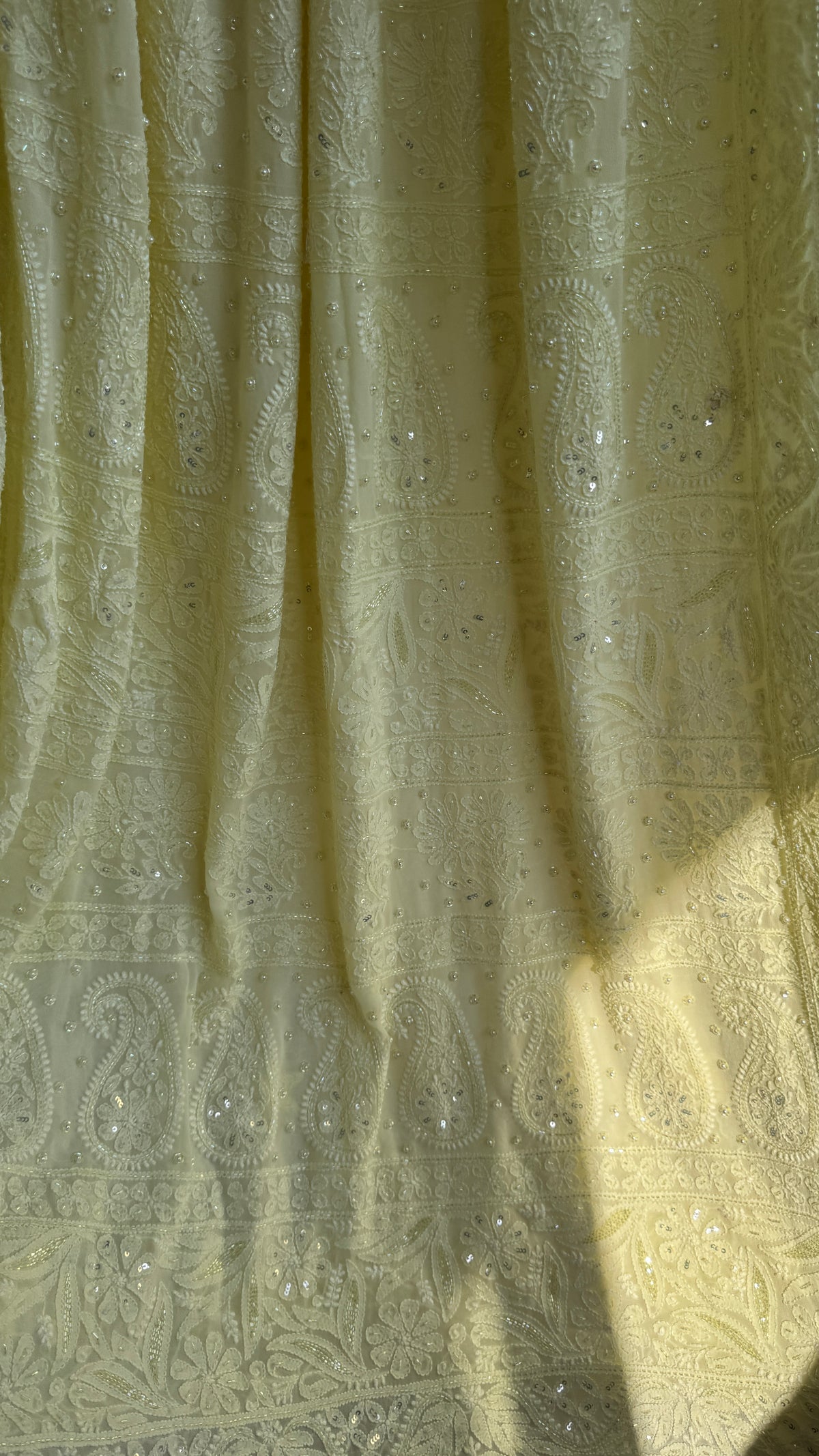 Lemon Yellow Chikankari saree with Pearl embellishments