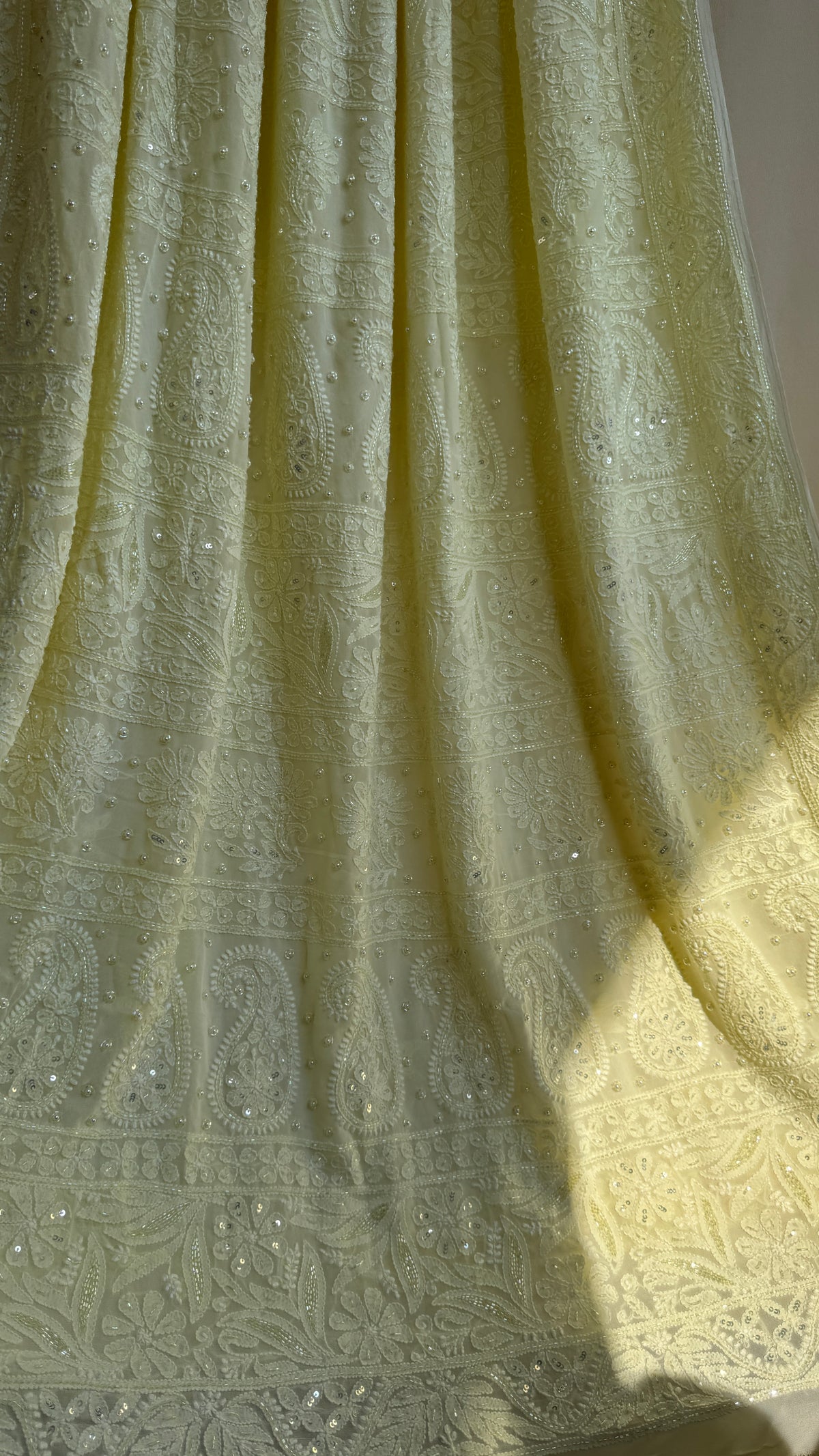 Lemon Yellow Chikankari saree with Pearl embellishments