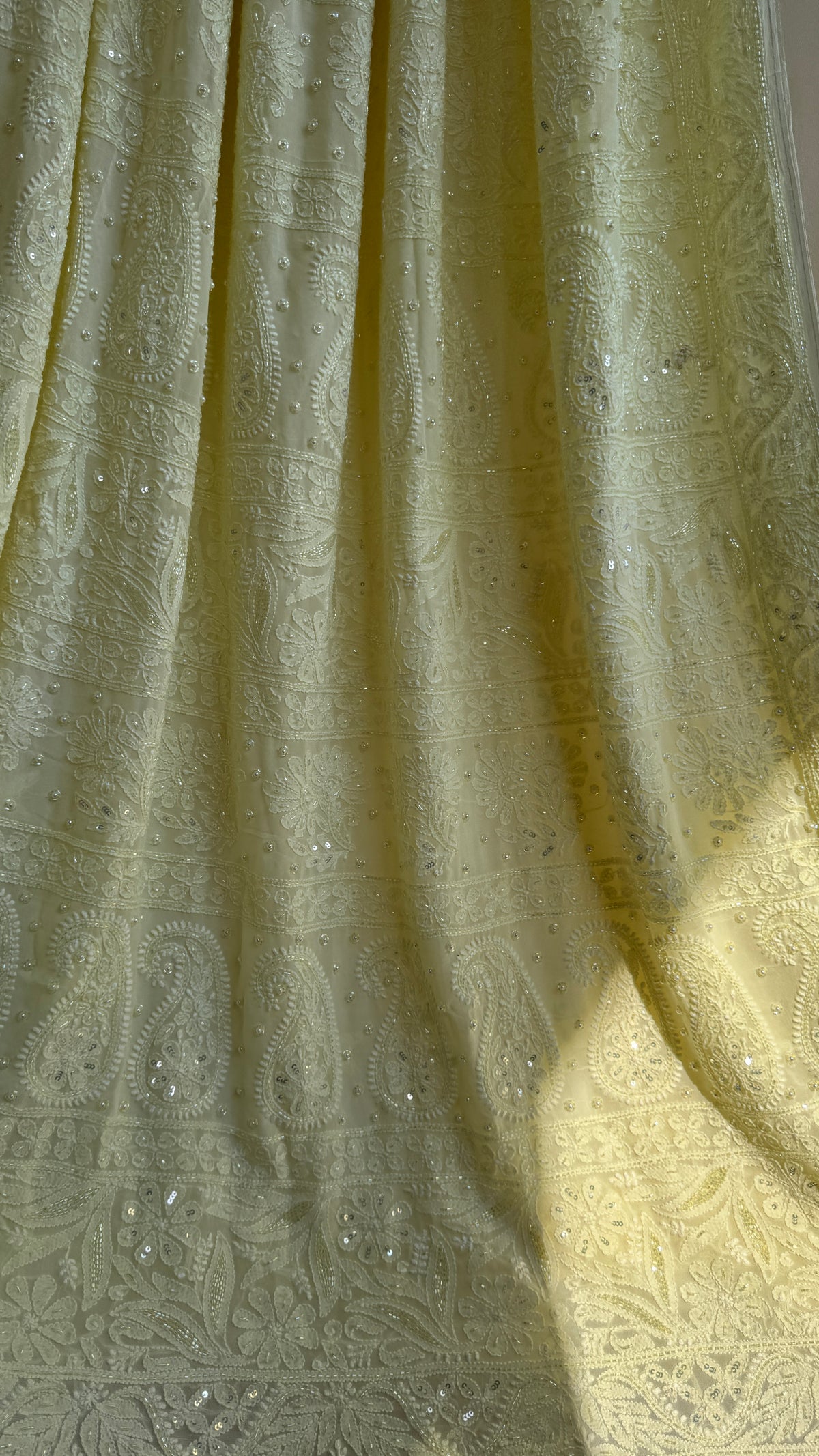 Lemon Yellow Chikankari saree with Pearl embellishments