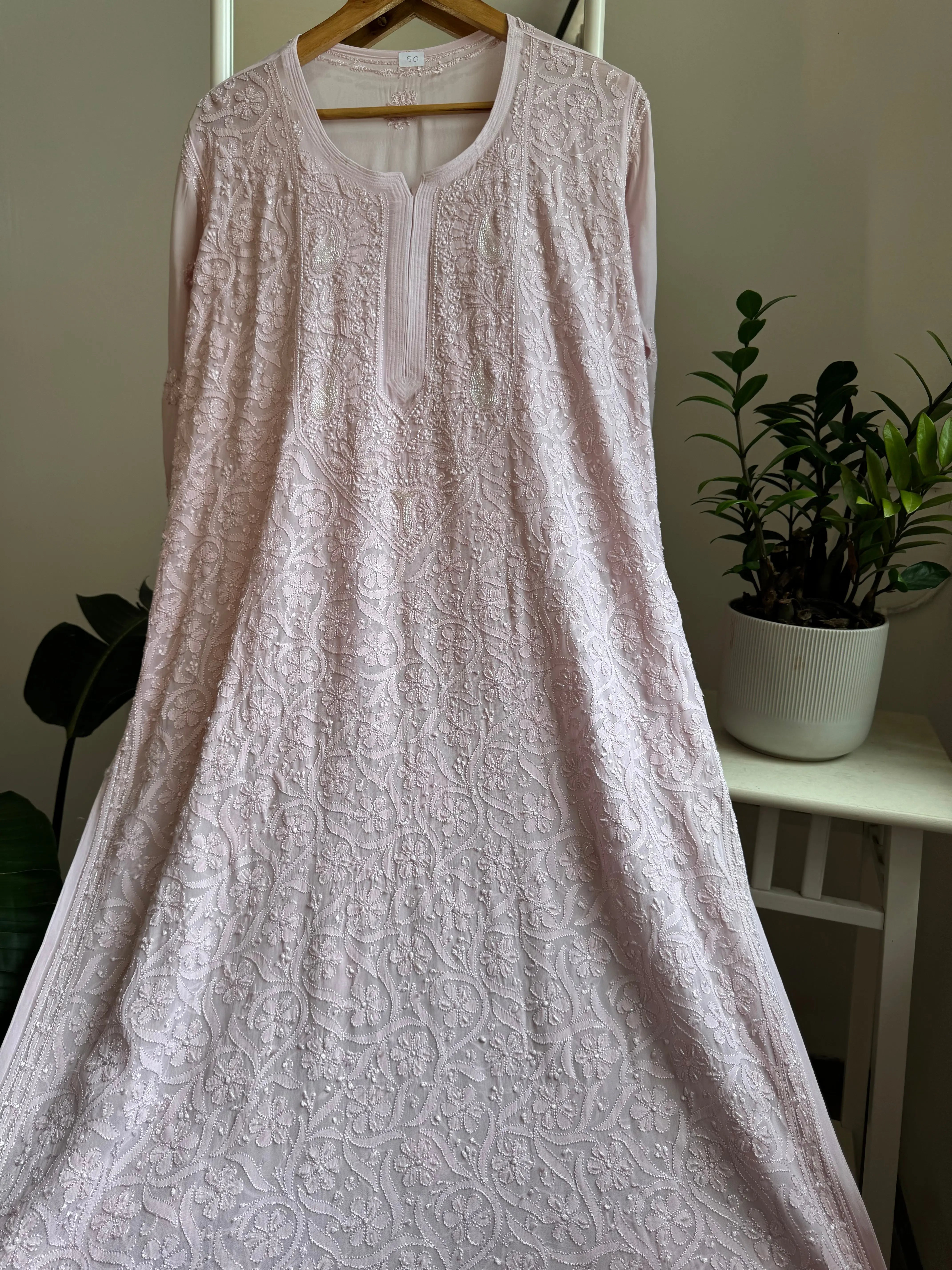 Viscose Kurti with Pearl  Work - Pale Pink ARIAA CHIKANKARI 