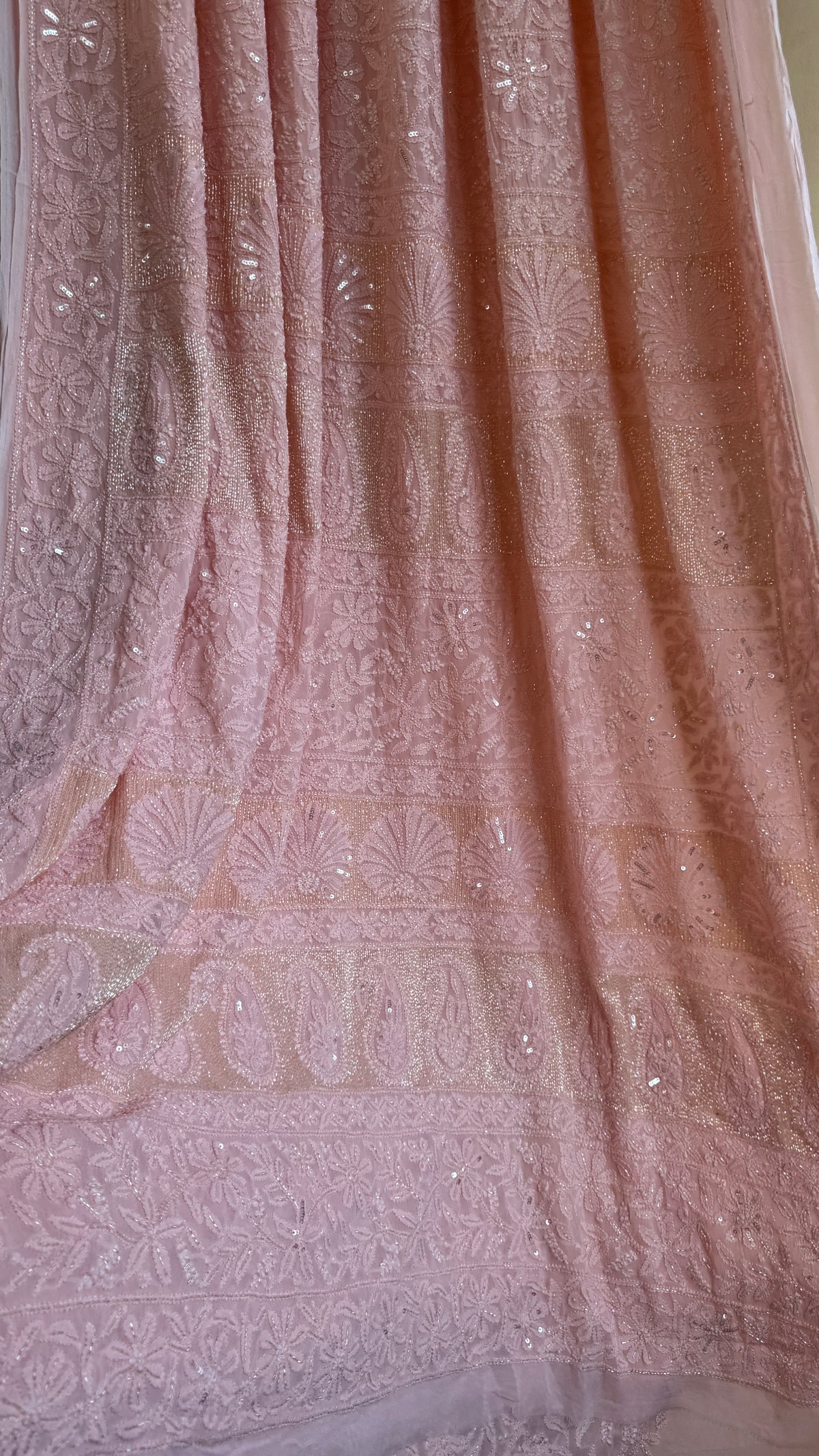 Viscose Chikankari saree with Pearl embellishments -Peach-Full Jaal
