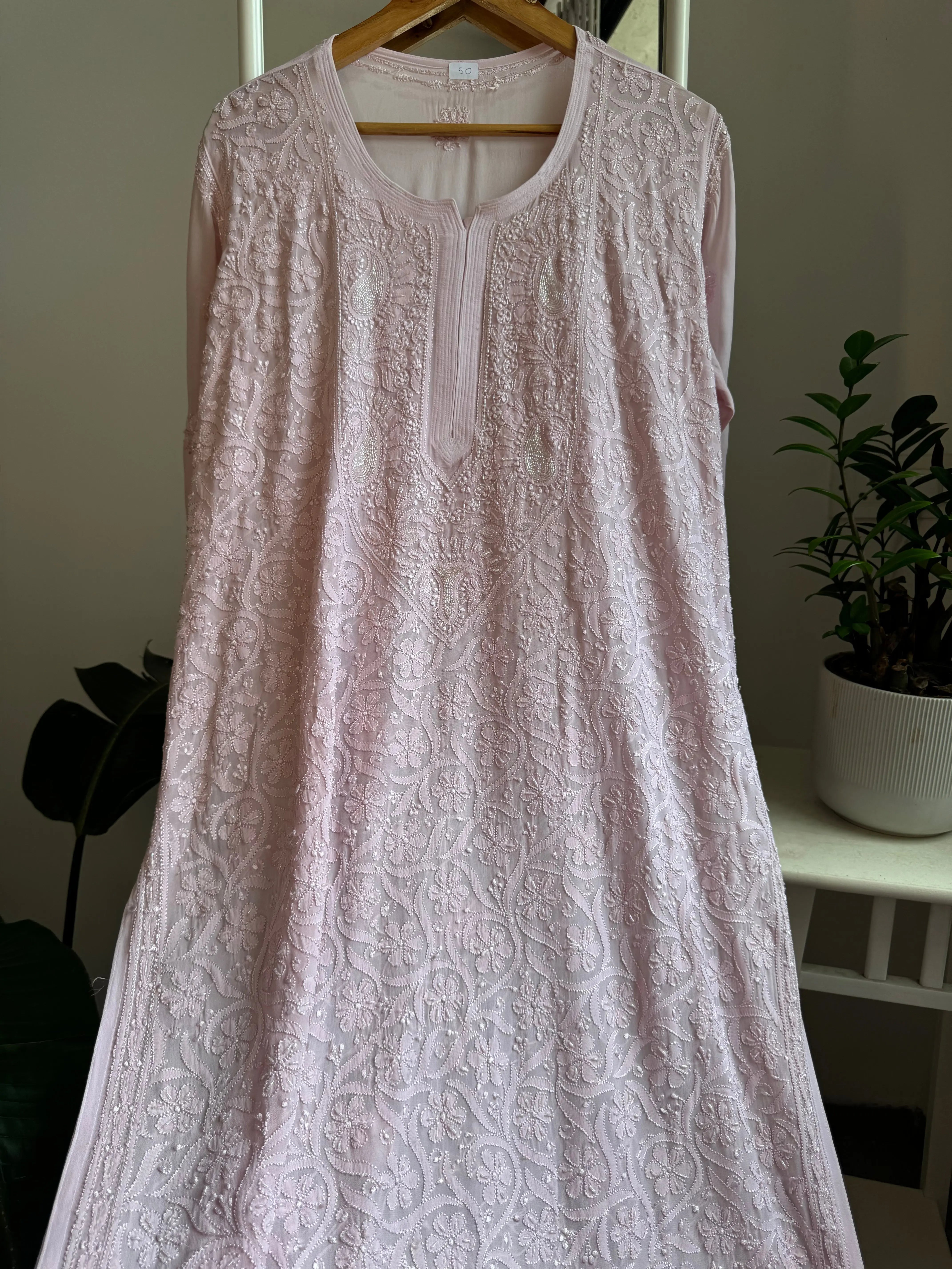 Viscose Kurti with Pearl  Work - Pale Pink ARIAA CHIKANKARI 