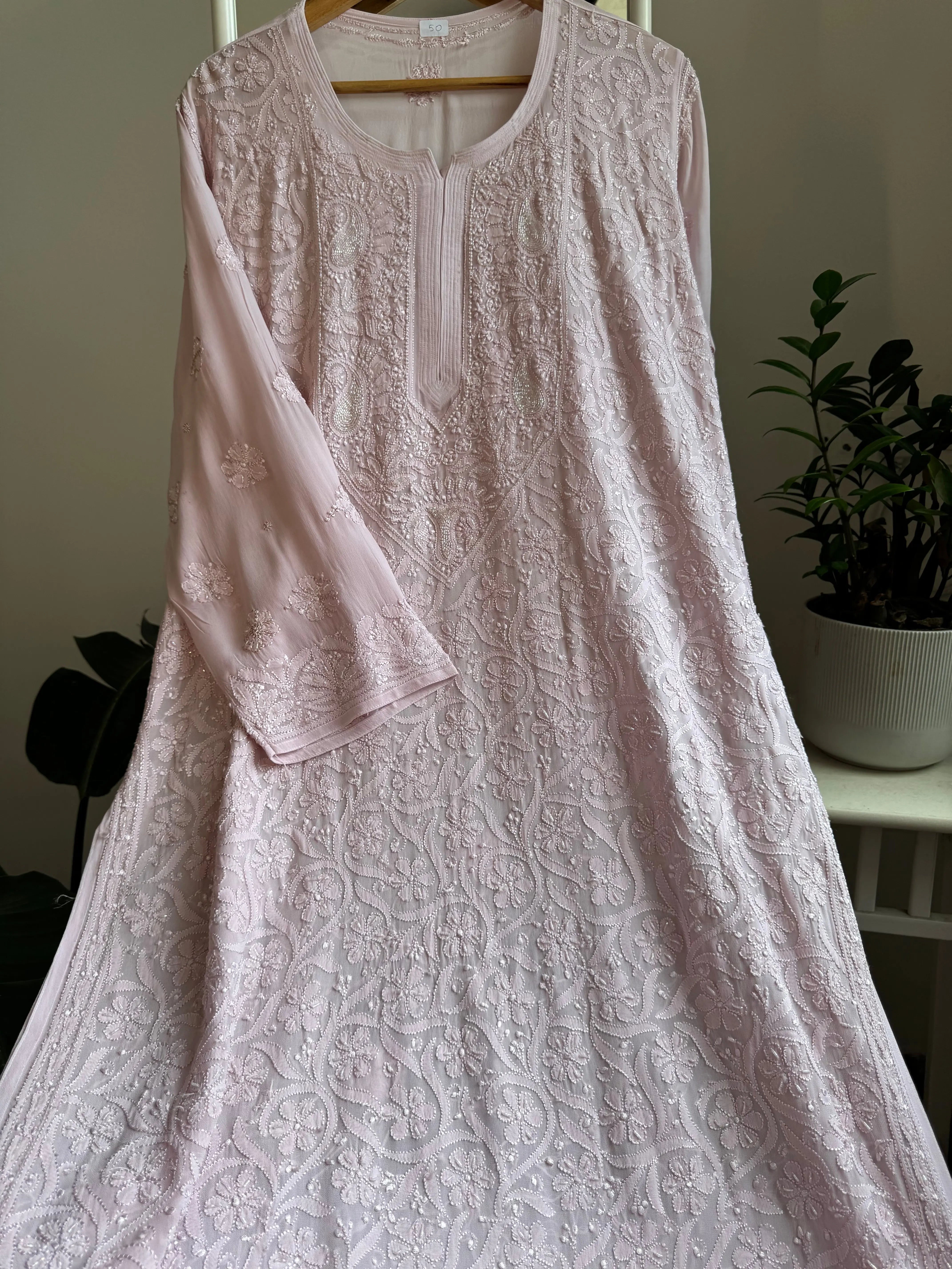 Viscose Kurti with Pearl  Work - Pale Pink ARIAA CHIKANKARI 