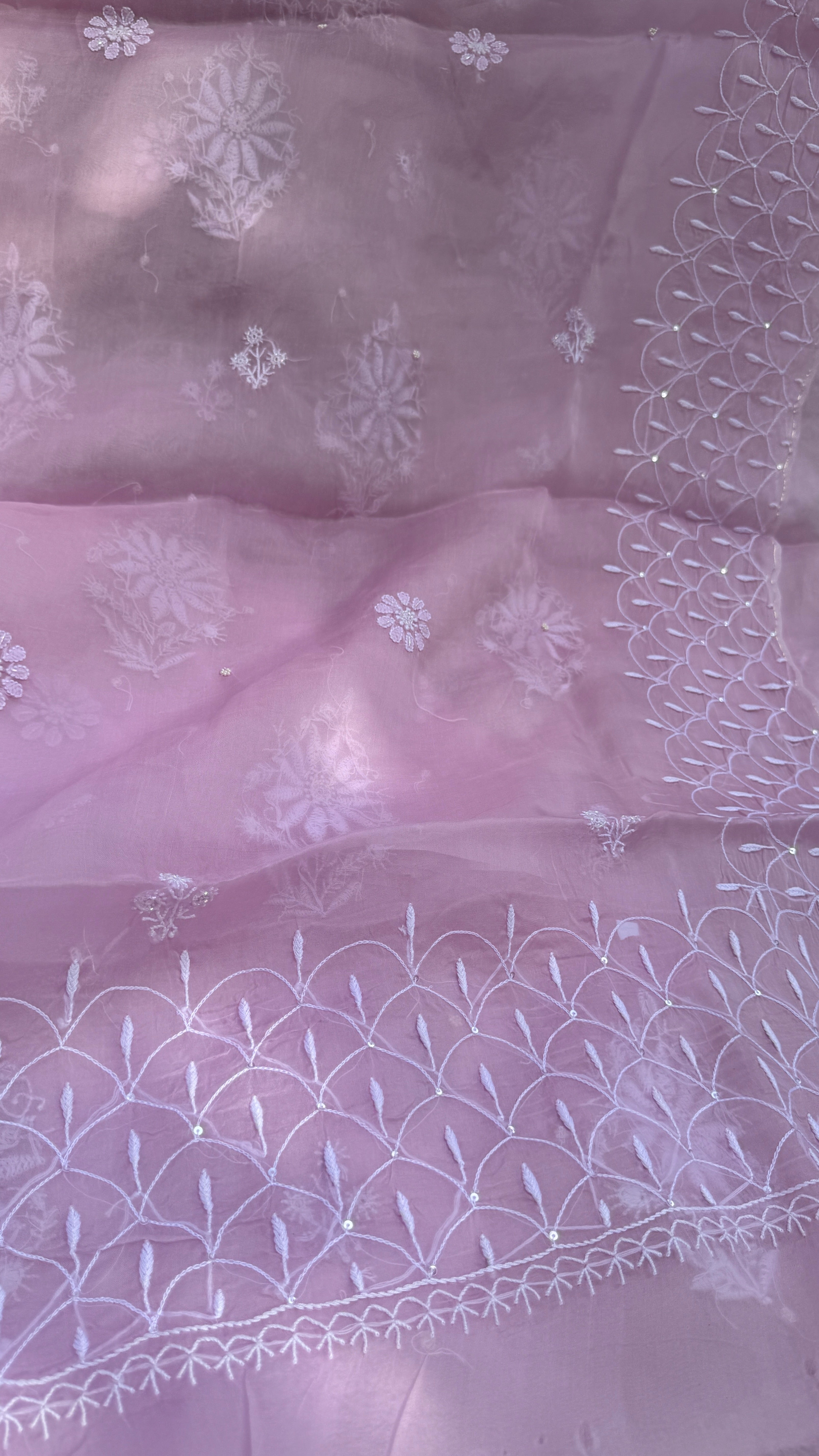 Organza Chikankari Kurta Set with Dupatta | Pearl & Cutdana Work - Rose Pink