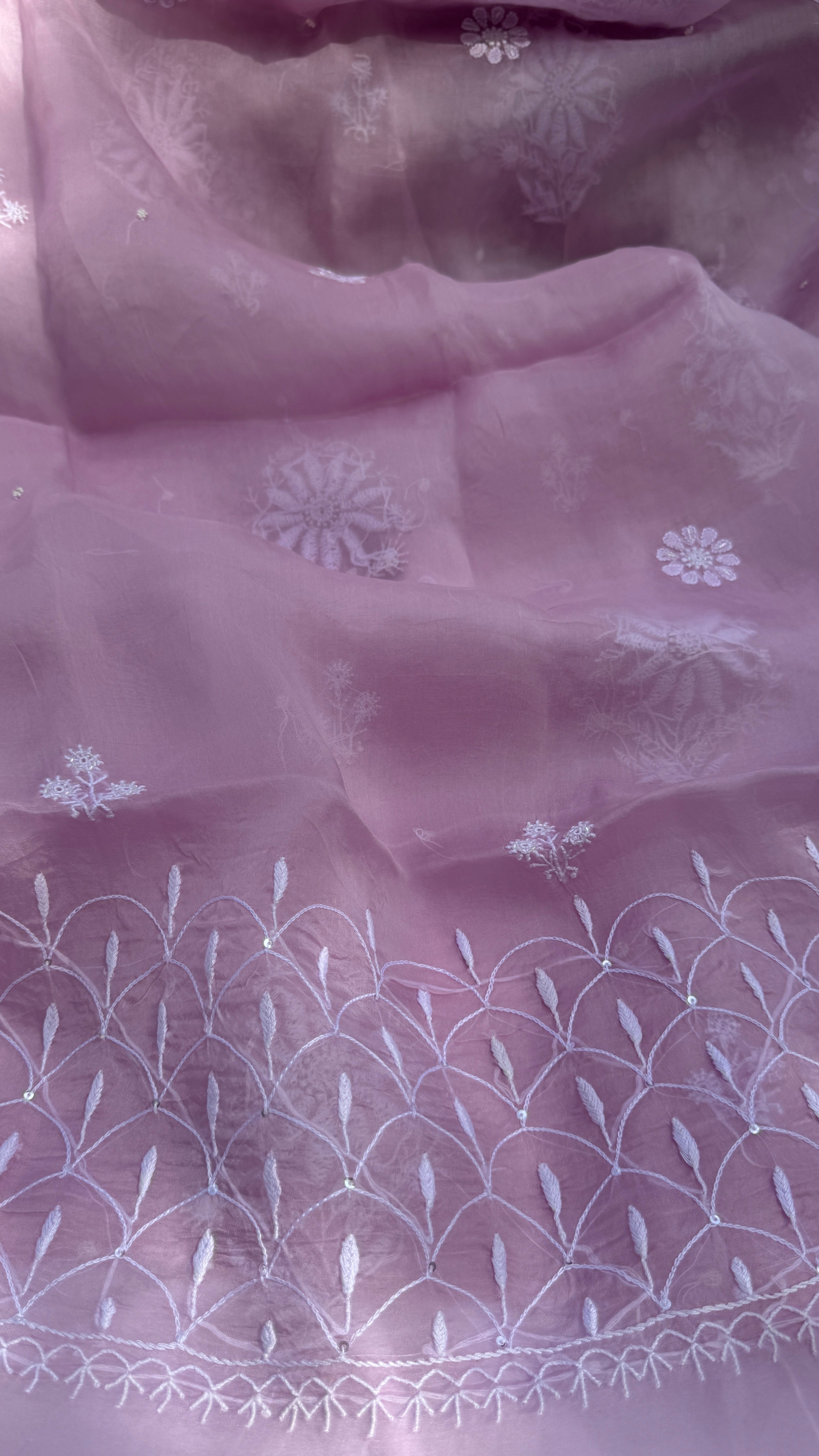 Organza Chikankari Kurta Set with Dupatta | Pearl & Cutdana Work - Rose Pink