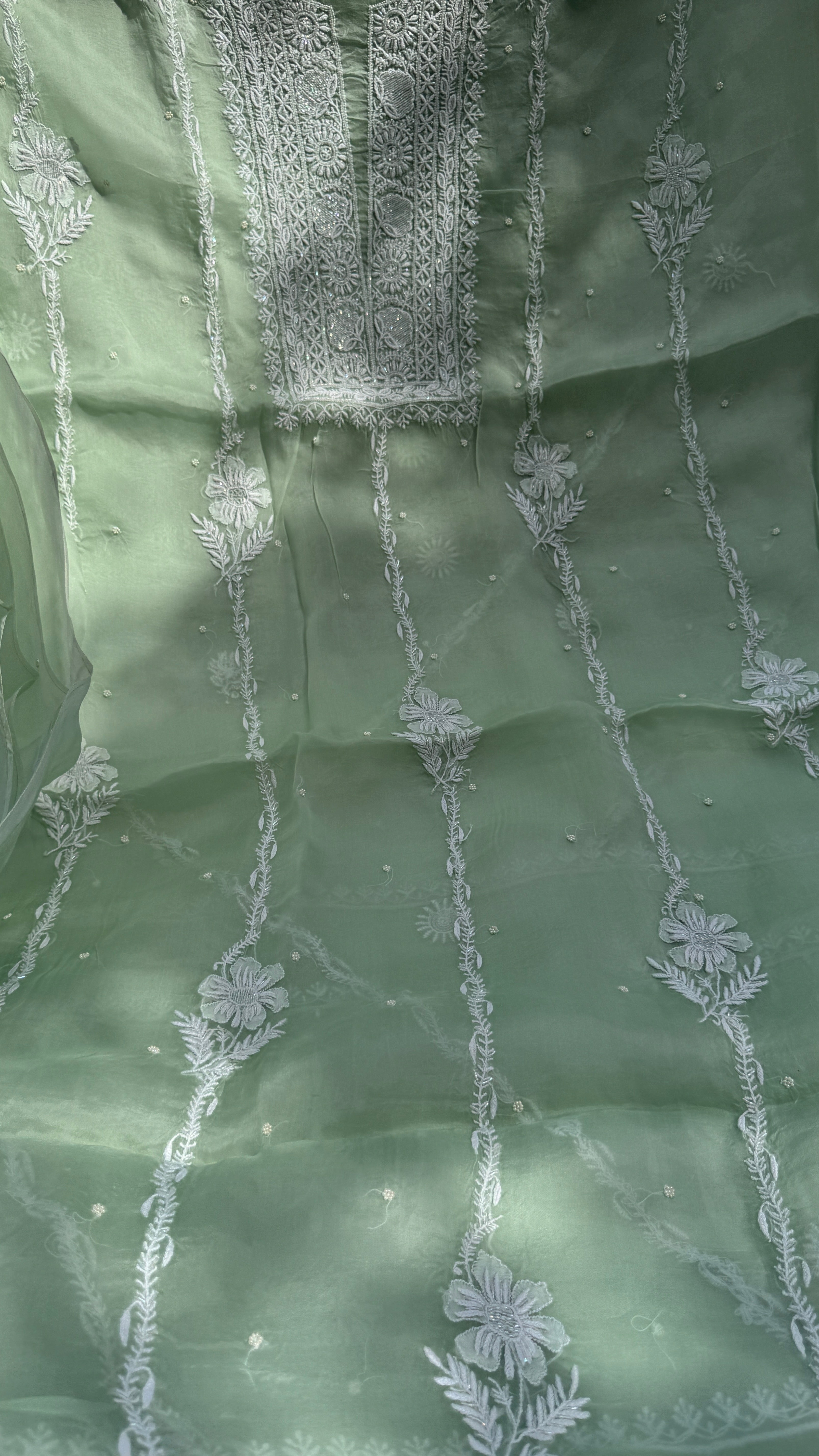 Organza Chikankari Kurta Set with Dupatta | Pearl & Cutdana Work - Green