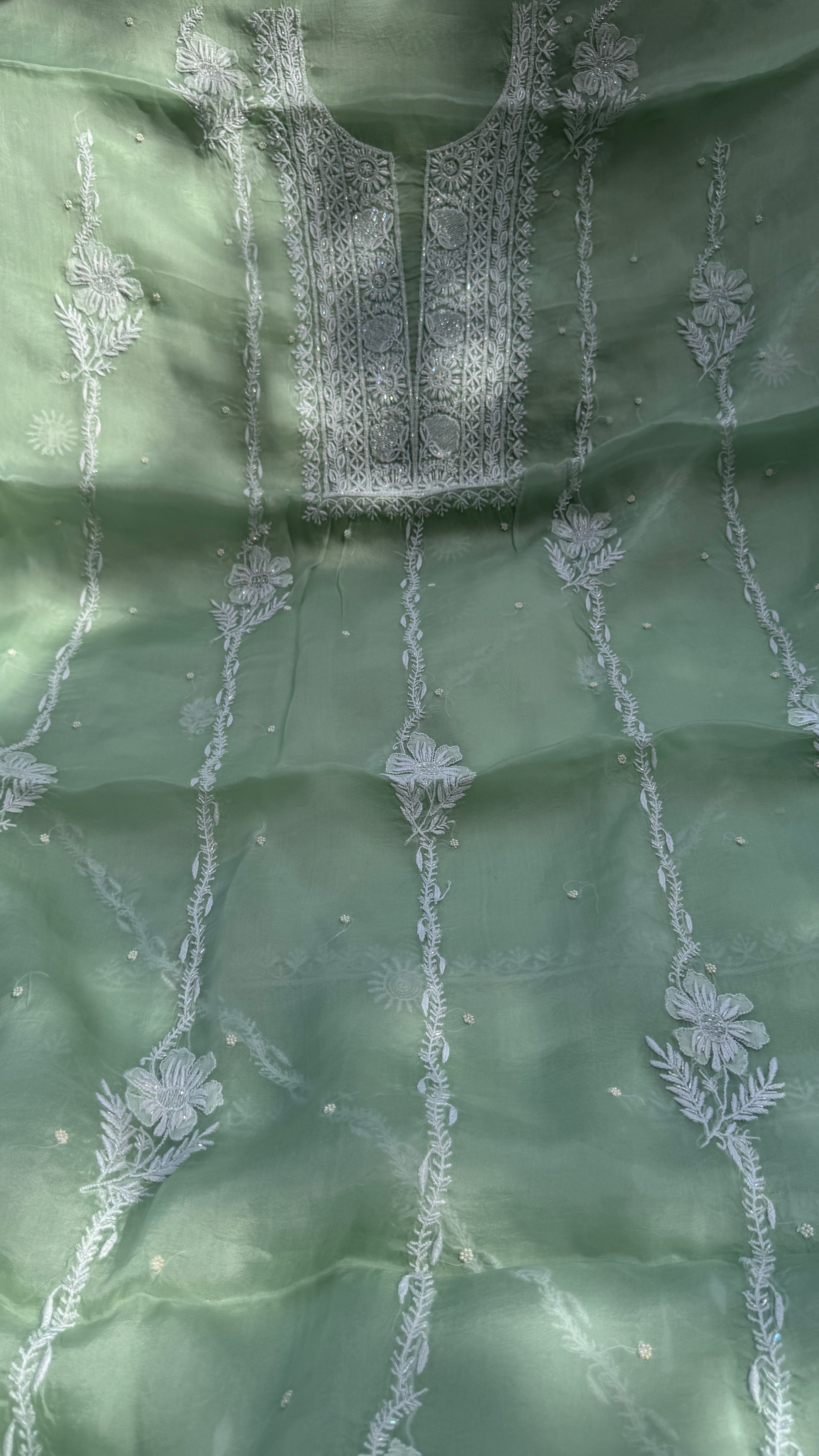 Organza Chikankari Kurta Set with Dupatta | Pearl & Cutdana Work - Green