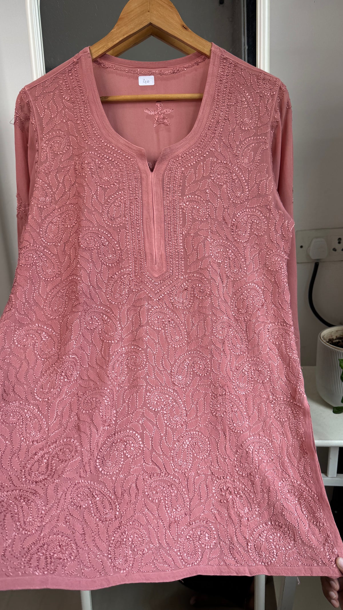 Chikankari Viscose Georgette short Top in deep roswood