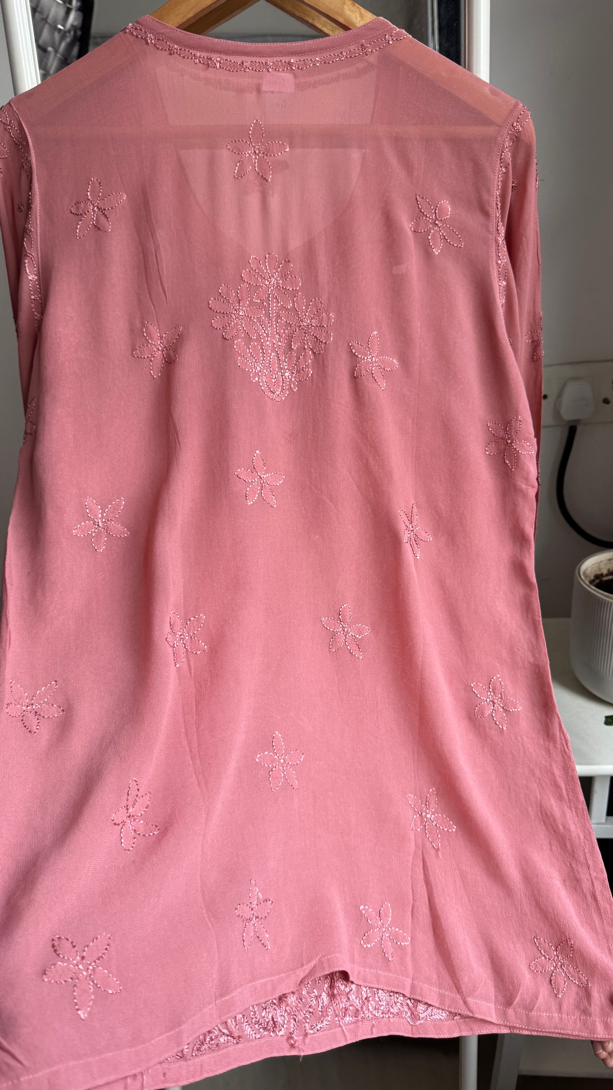 Chikankari Viscose Georgette short Top in deep roswood