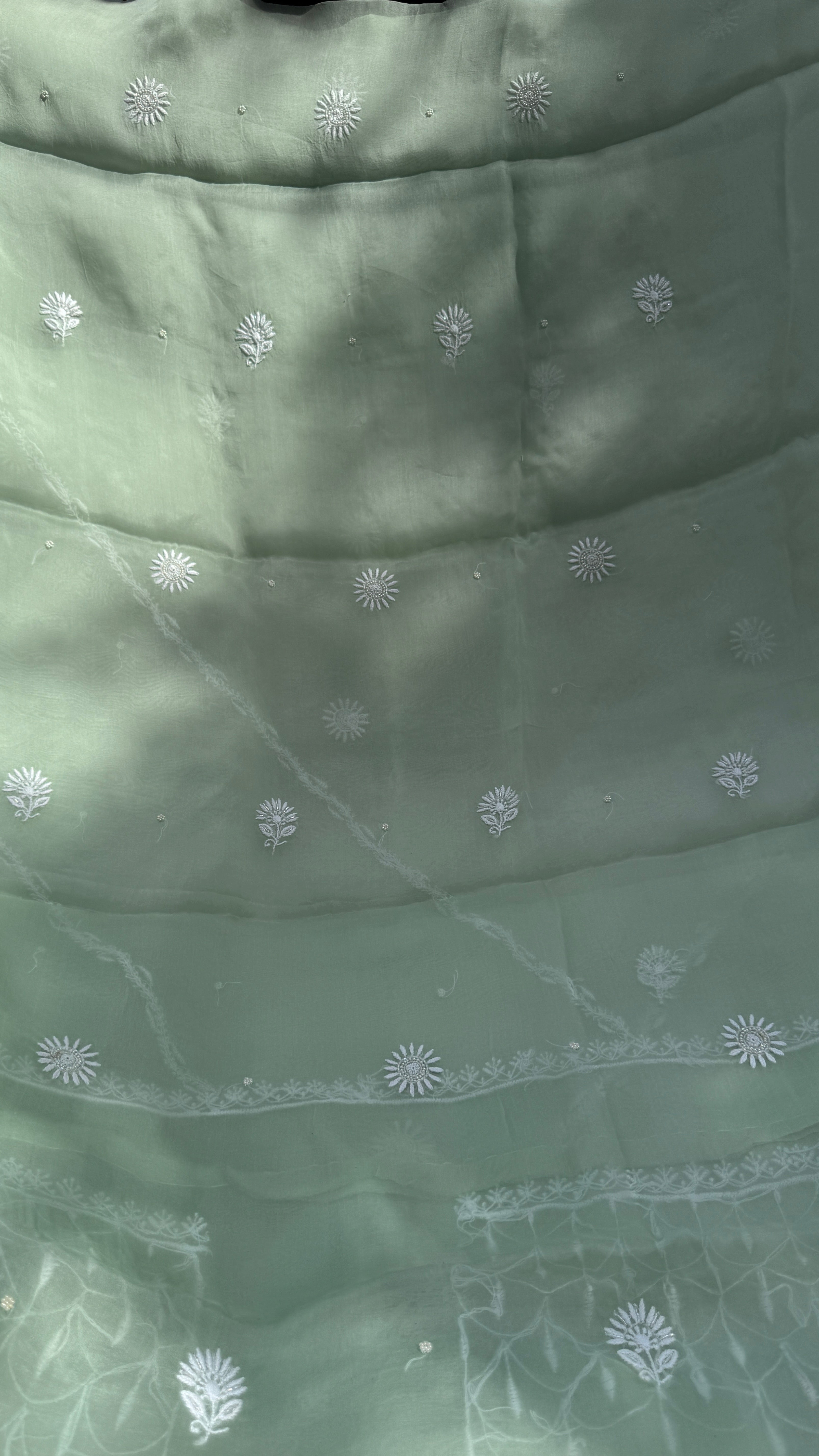 Organza Chikankari Kurta Set with Dupatta | Pearl & Cutdana Work - Green