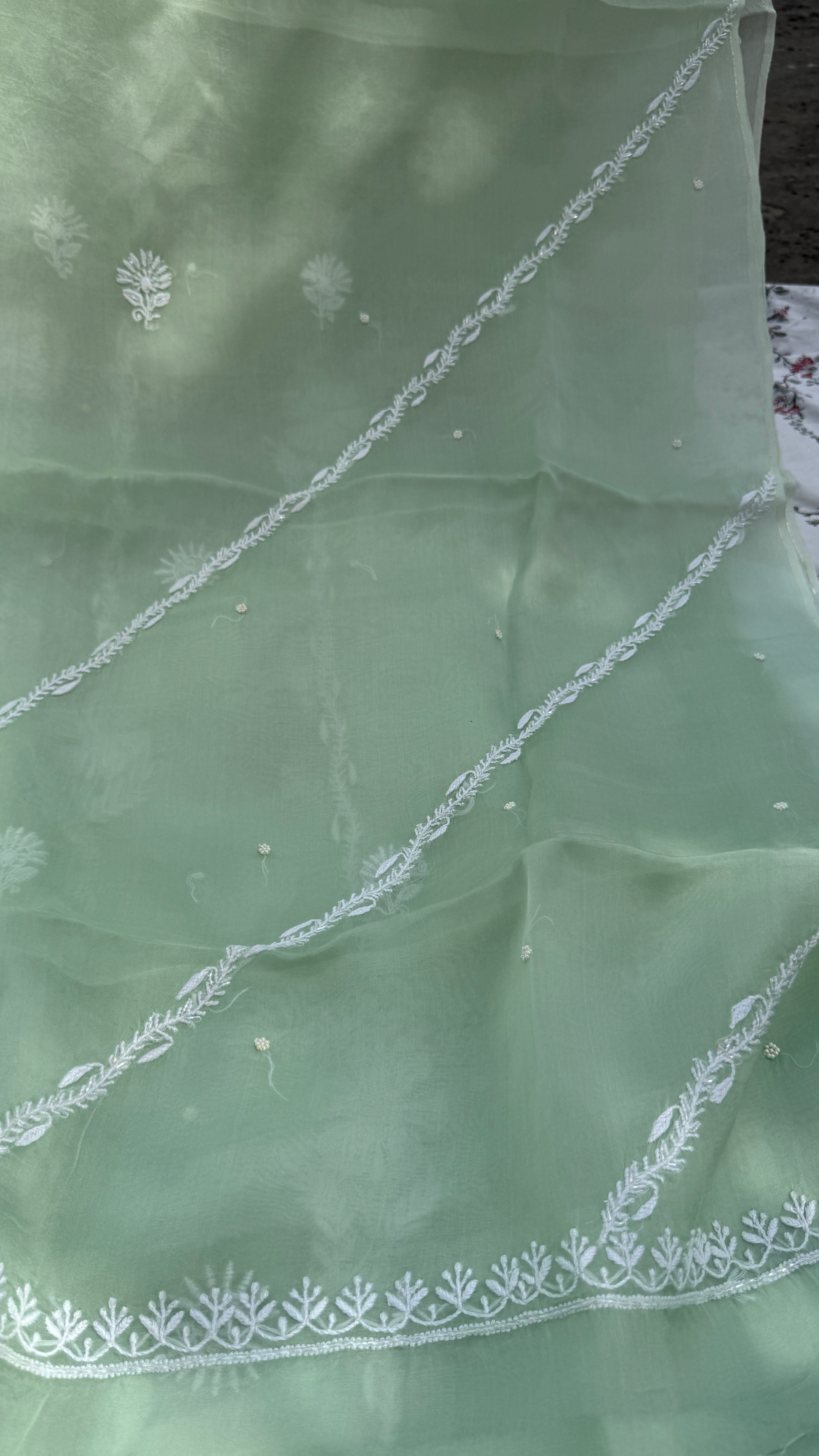 Organza Chikankari Kurta Set with Dupatta | Pearl & Cutdana Work - Green