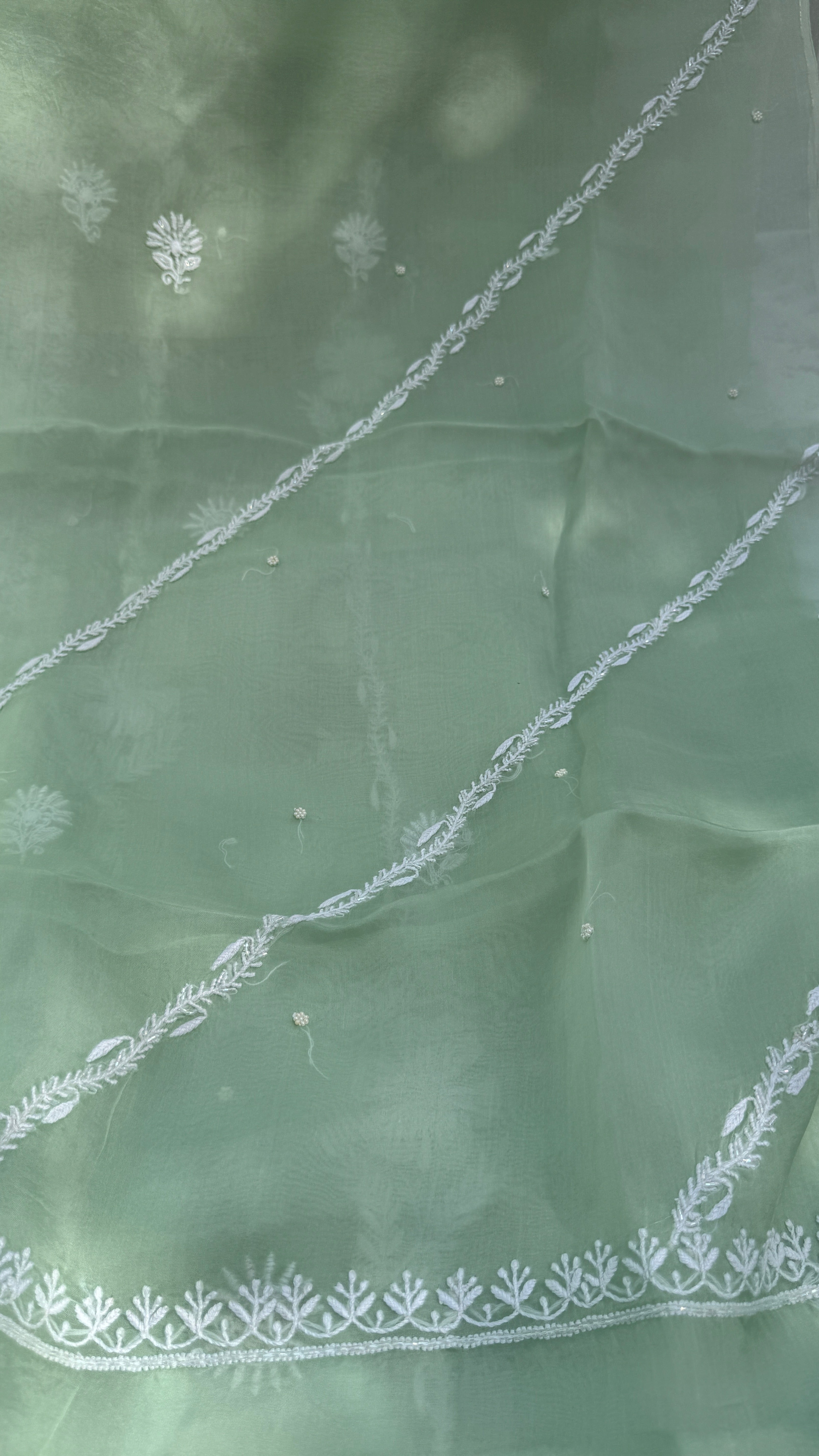 Organza Chikankari Kurta Set with Dupatta | Pearl & Cutdana Work - Green