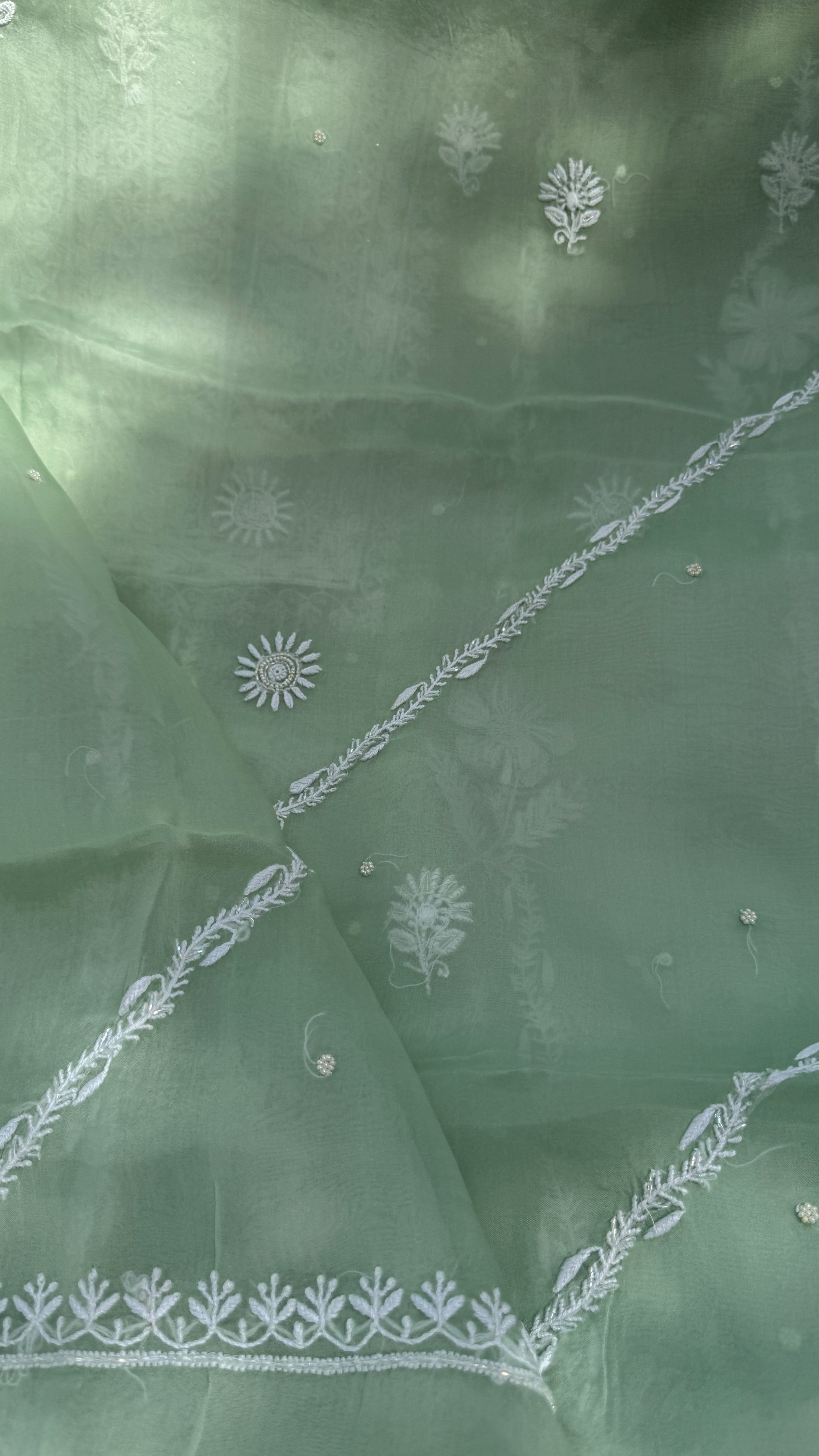 Organza Chikankari Kurta Set with Dupatta | Pearl & Cutdana Work - Green