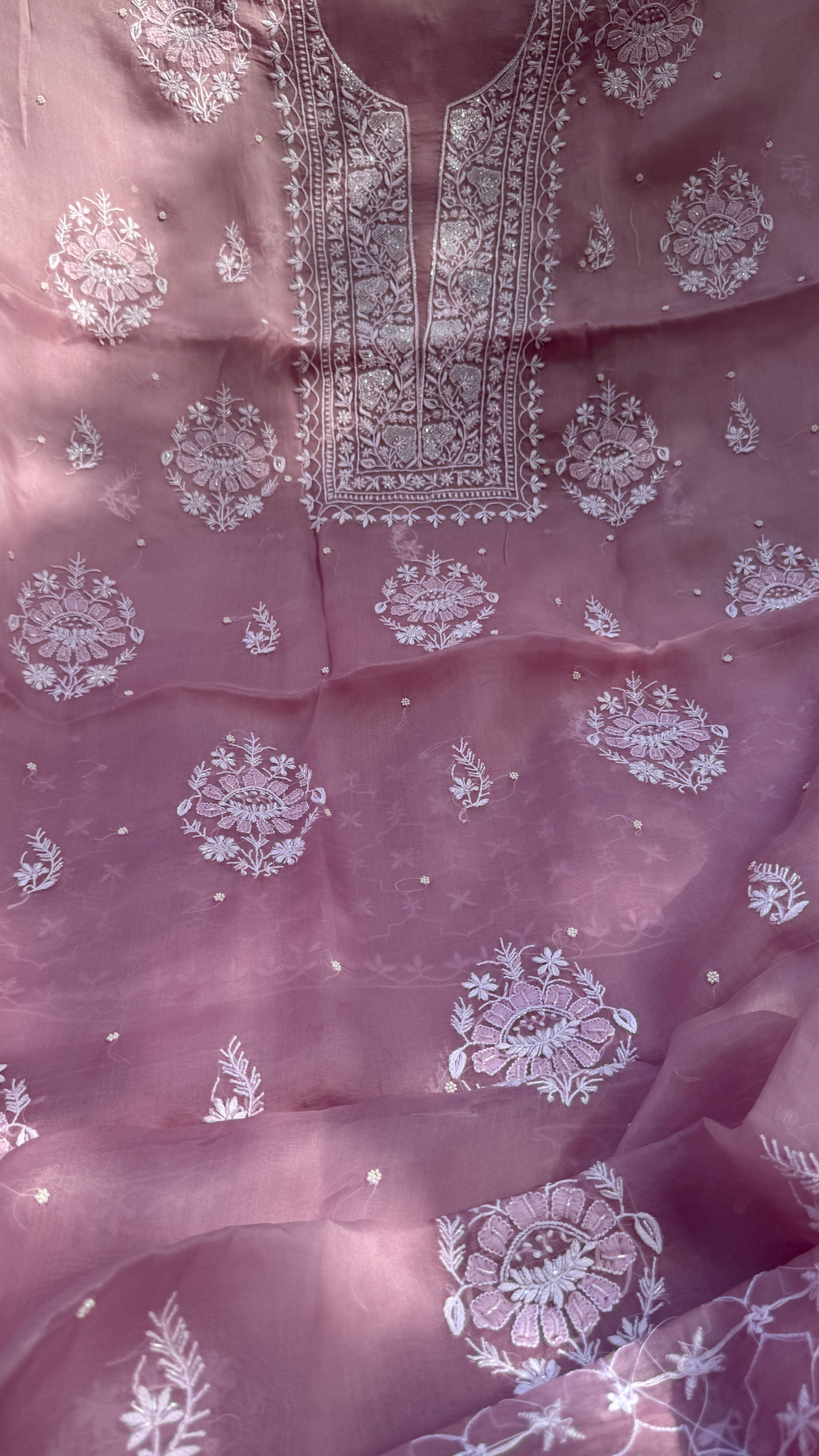 Organza Chikankari Kurta Set with Dupatta | Pearl & Cutdana Work - Rosewood