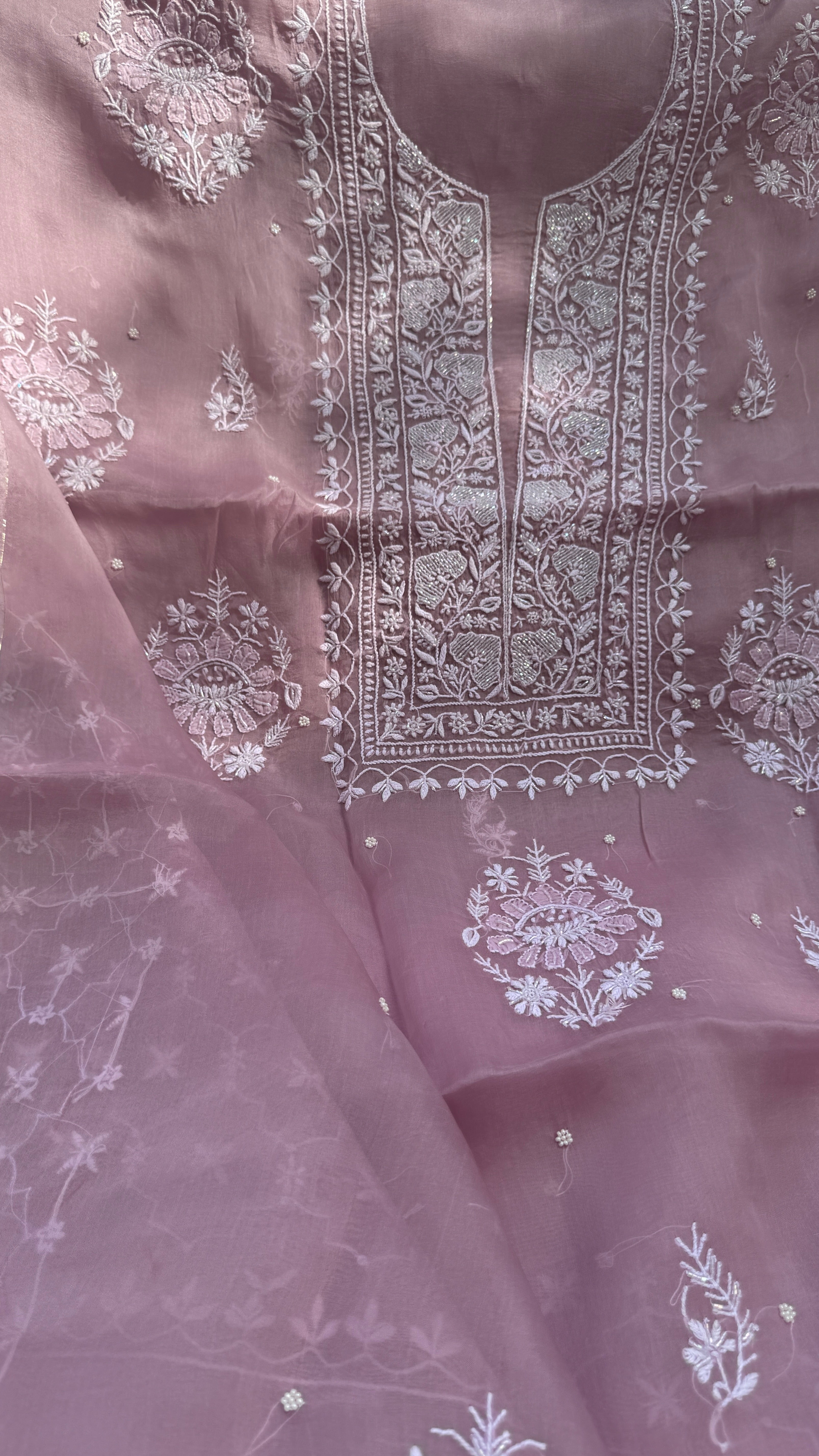 Organza Chikankari Kurta Set with Dupatta | Pearl & Cutdana Work - Rosewood