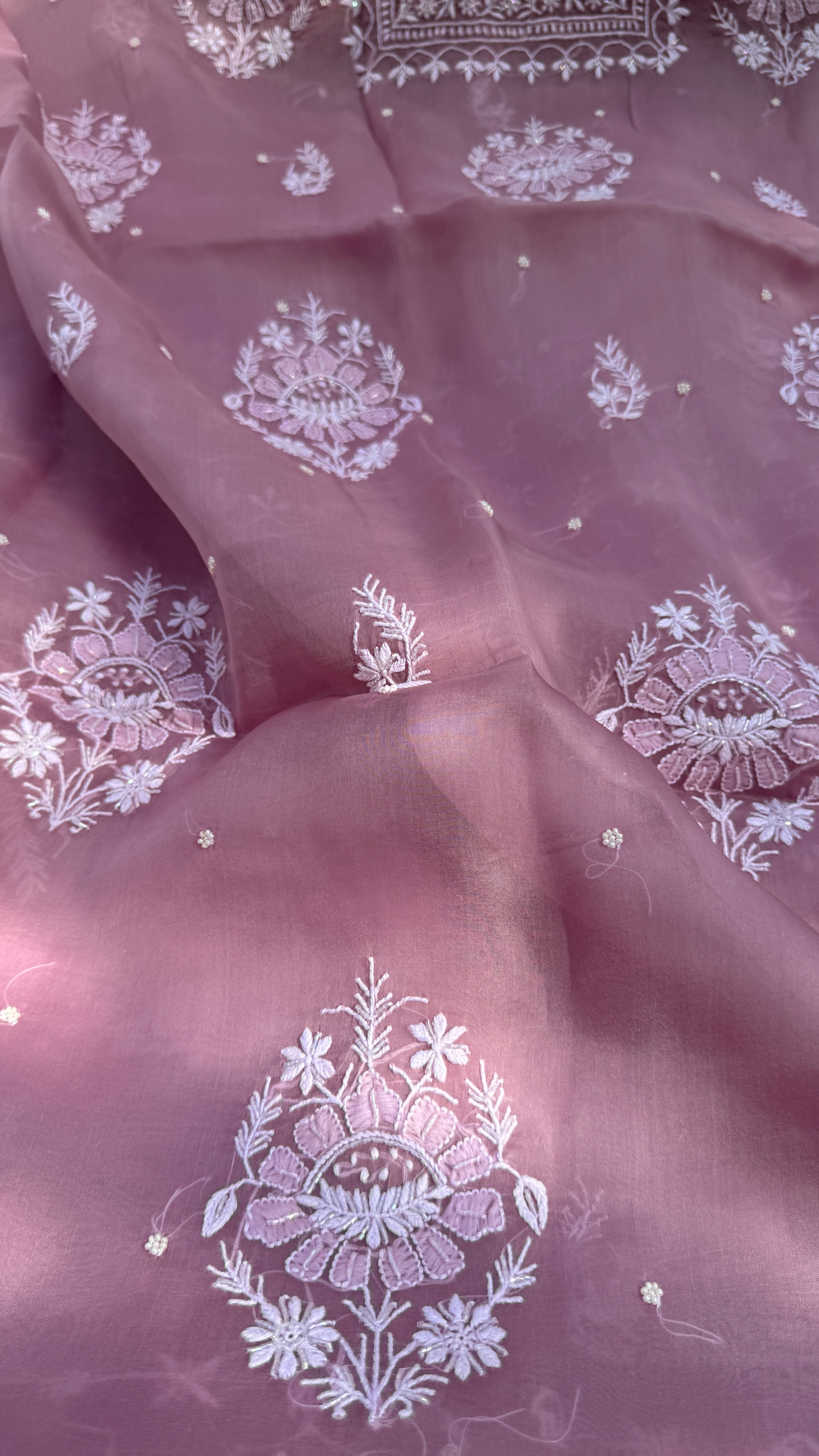 Organza Chikankari Kurta Set with Dupatta | Pearl & Cutdana Work - Rosewood