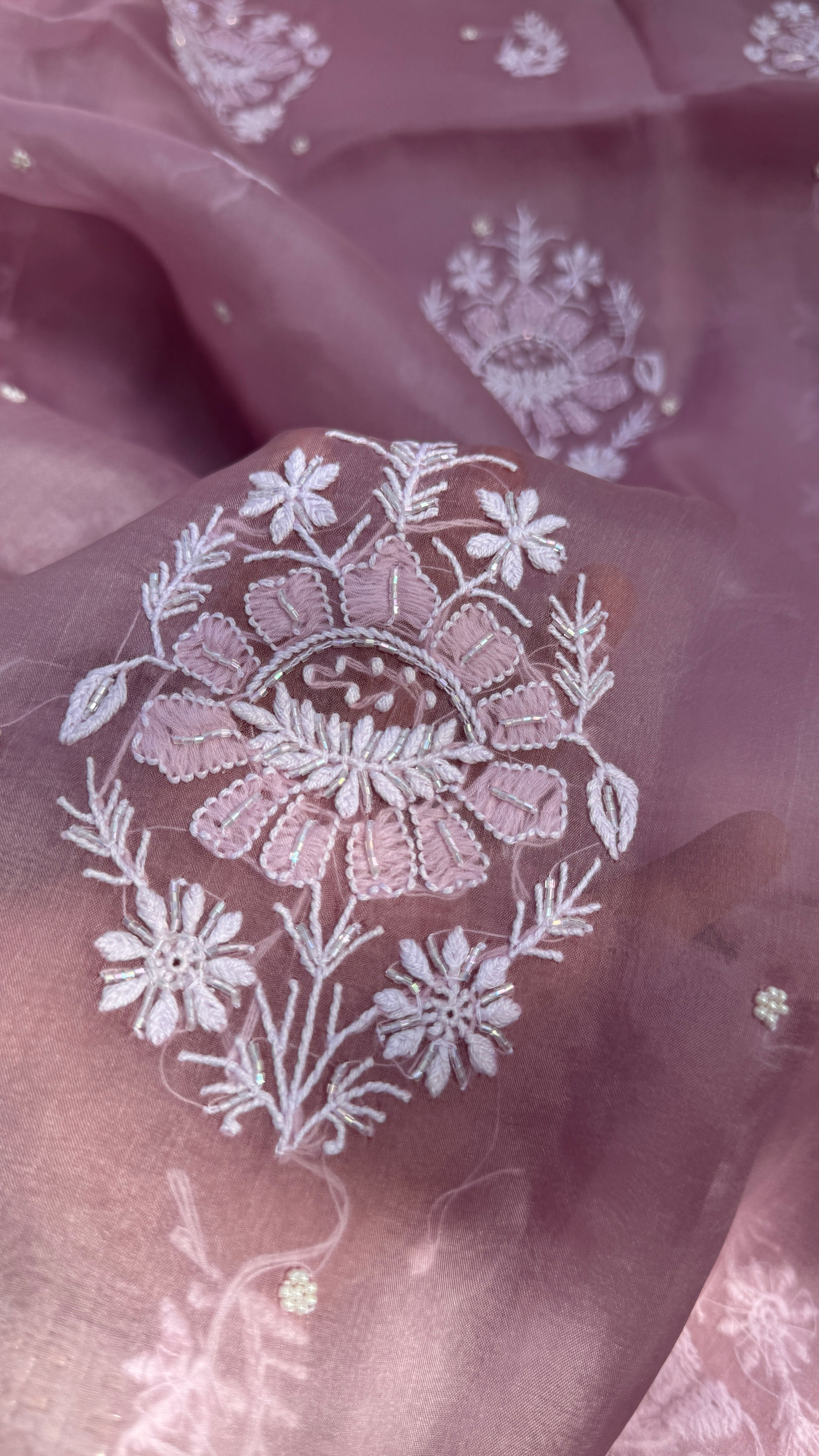 Organza Chikankari Kurta Set with Dupatta | Pearl & Cutdana Work - Rosewood