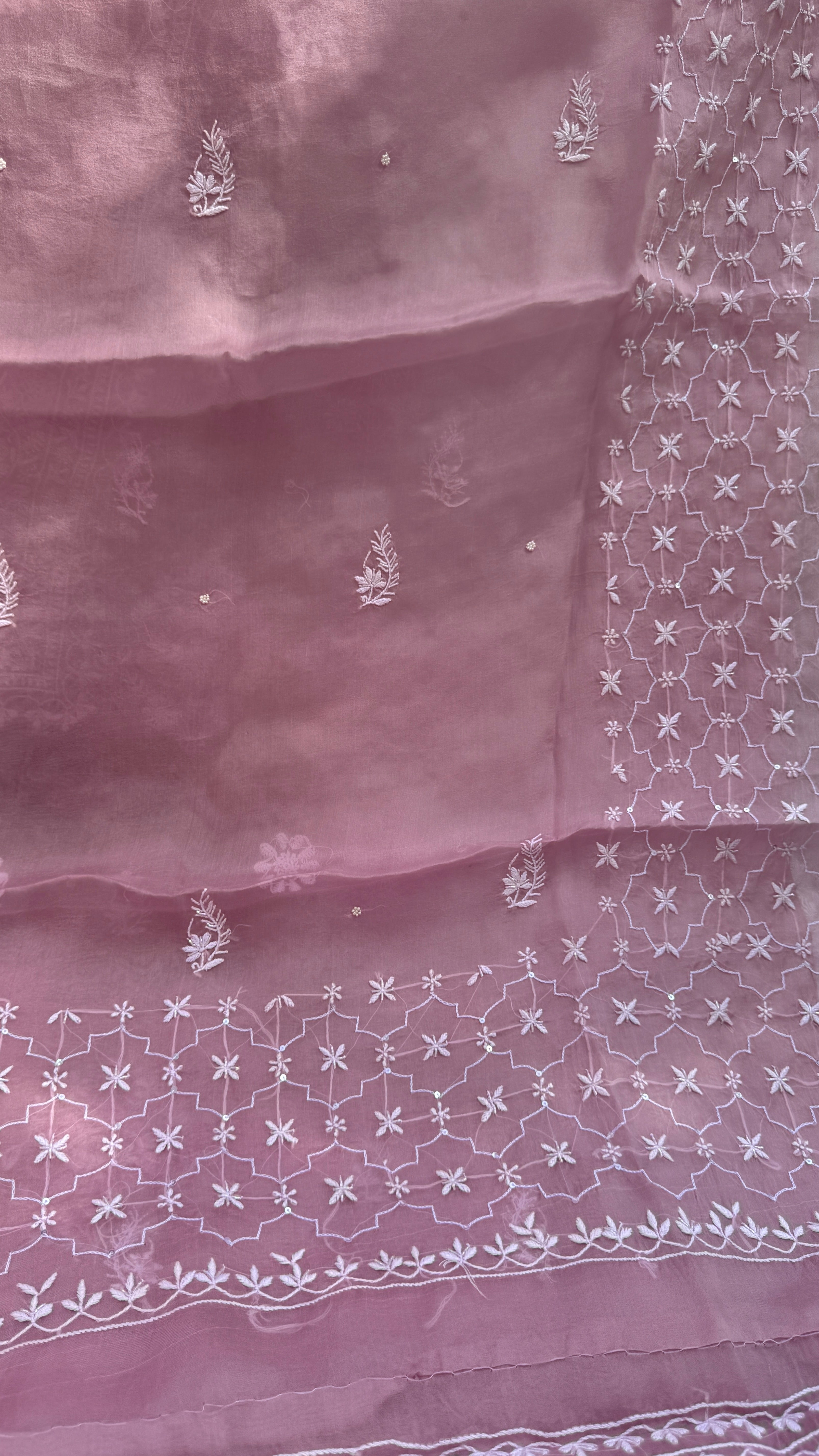 Organza Chikankari Kurta Set with Dupatta | Pearl & Cutdana Work - Rosewood