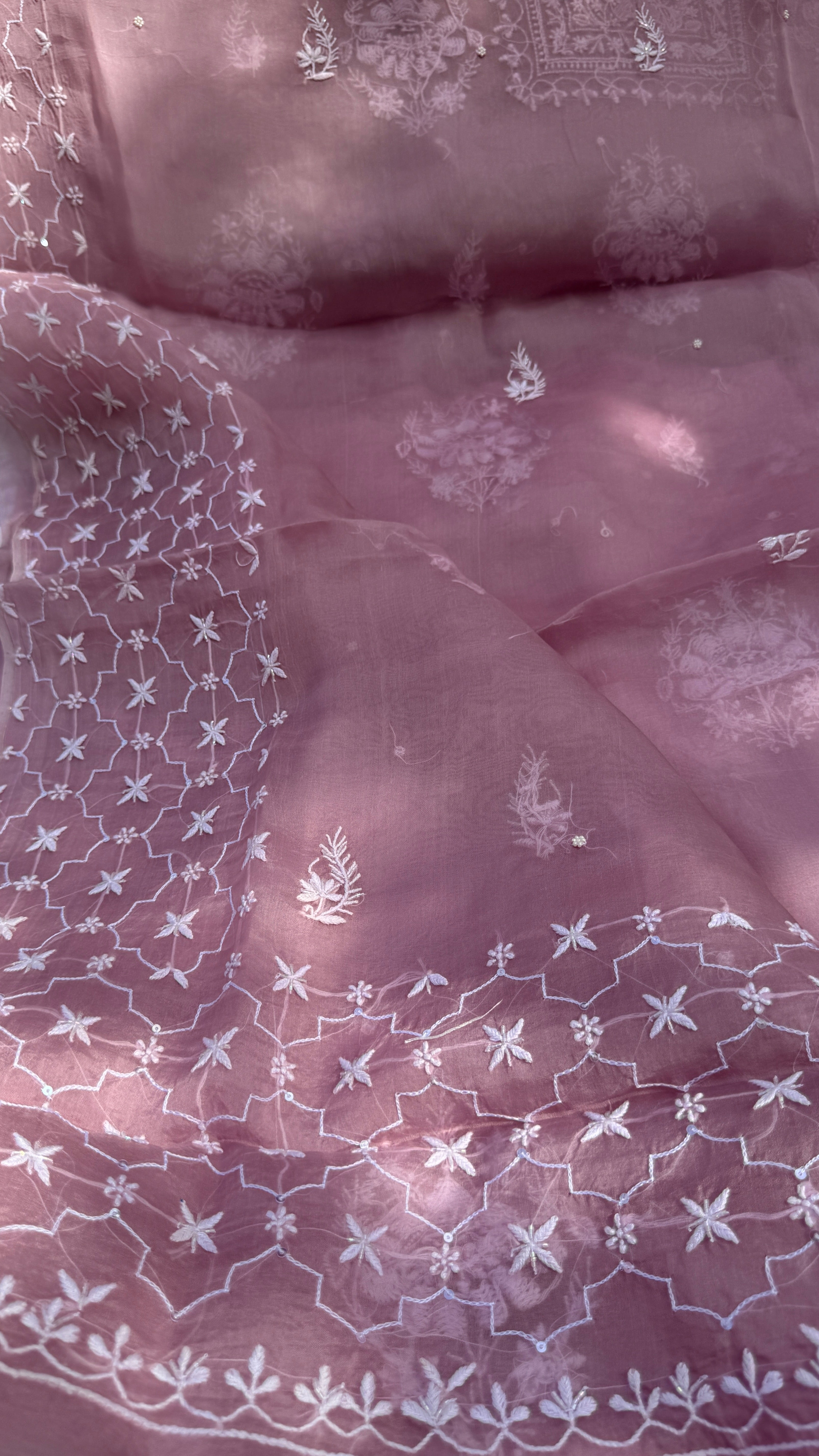 Organza Chikankari Kurta Set with Dupatta | Pearl & Cutdana Work - Rosewood