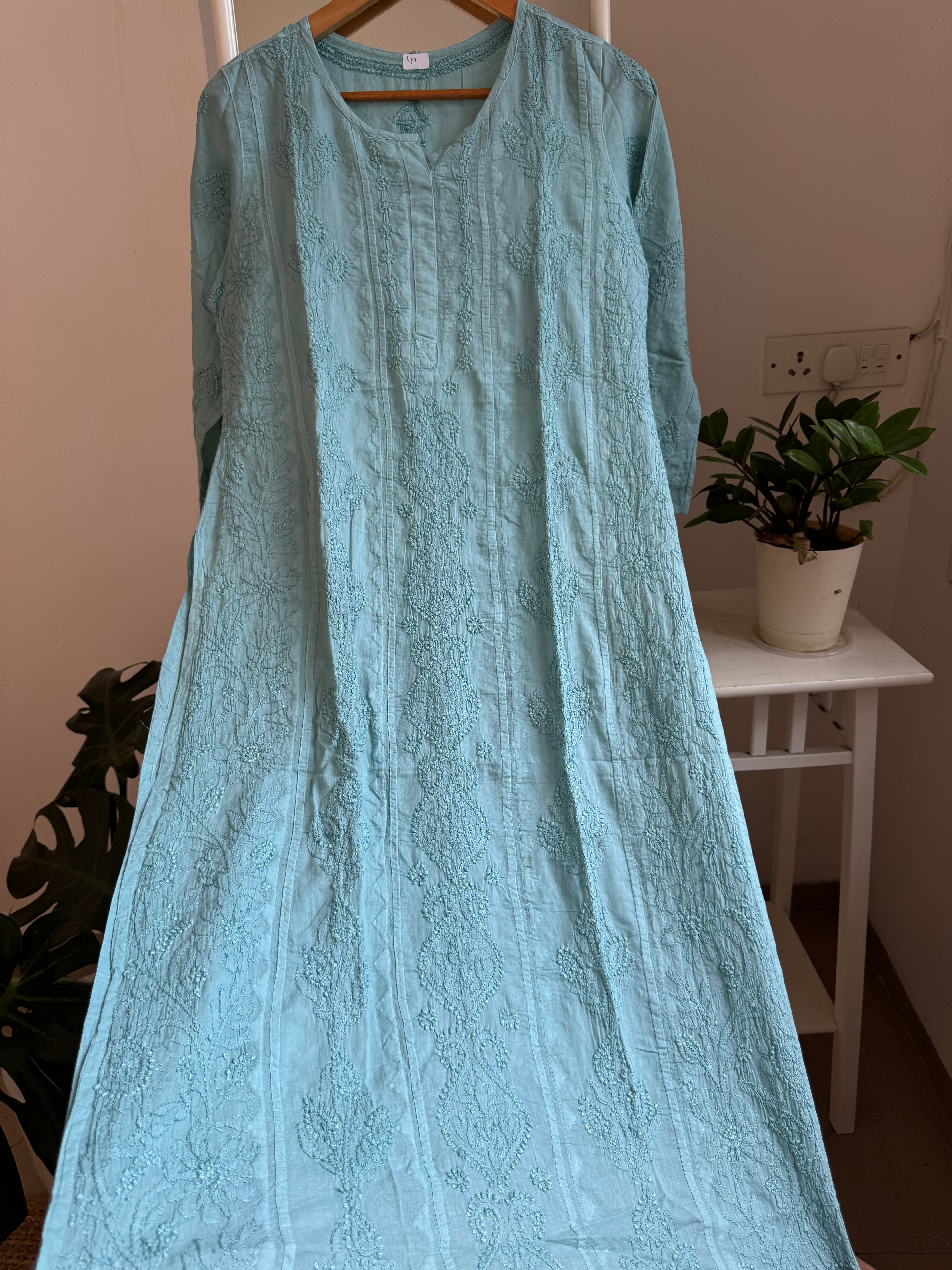 Mul Cotton Turquoise Green Chikankari Kurti - Bela Collection
