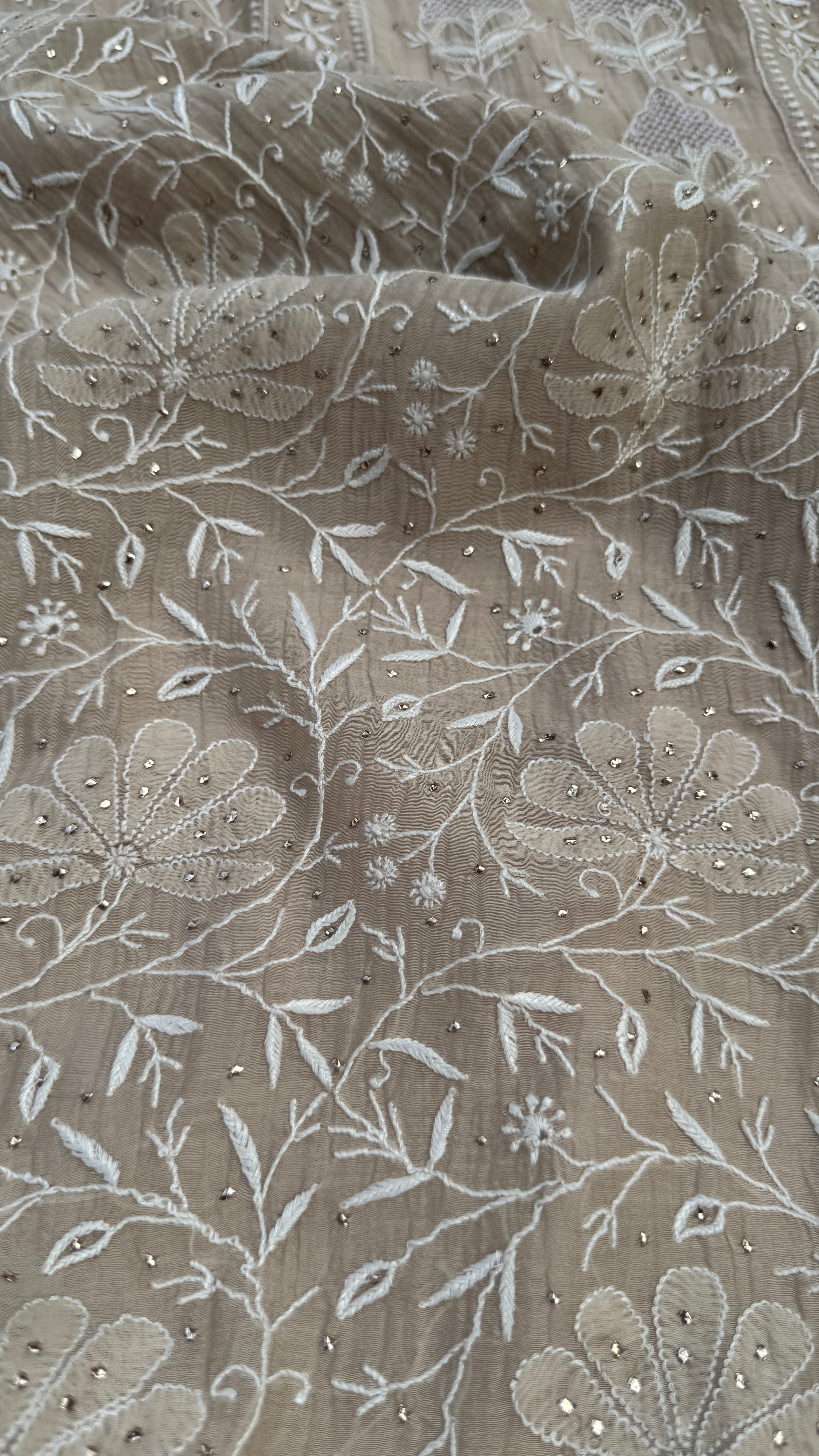 Mul Chanderi Chikankari Unstitched Length with Dupatta with Mukaish Add-On - Beige