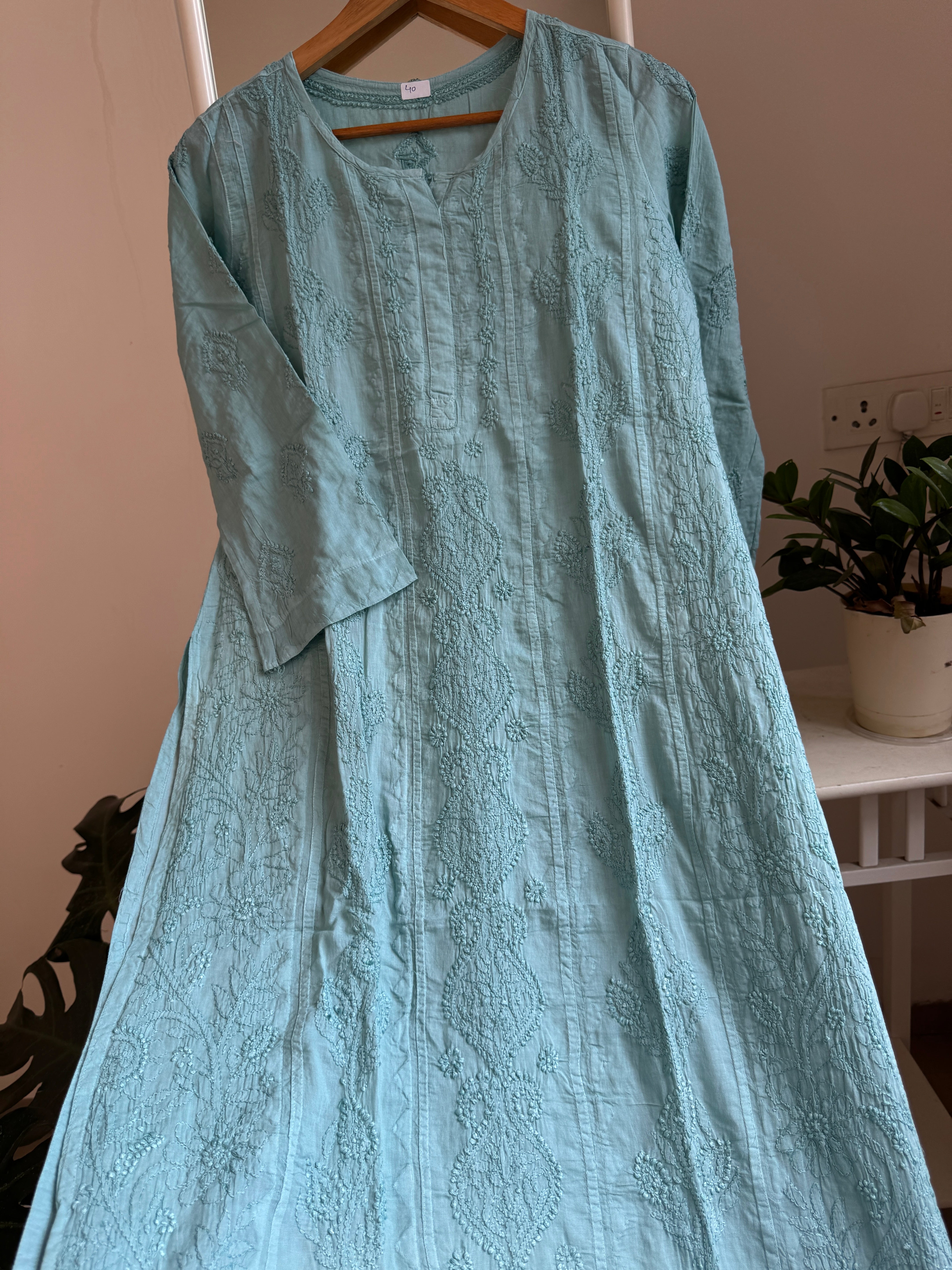 Mul Cotton Turquoise Green Chikankari Kurti - Bela Collection