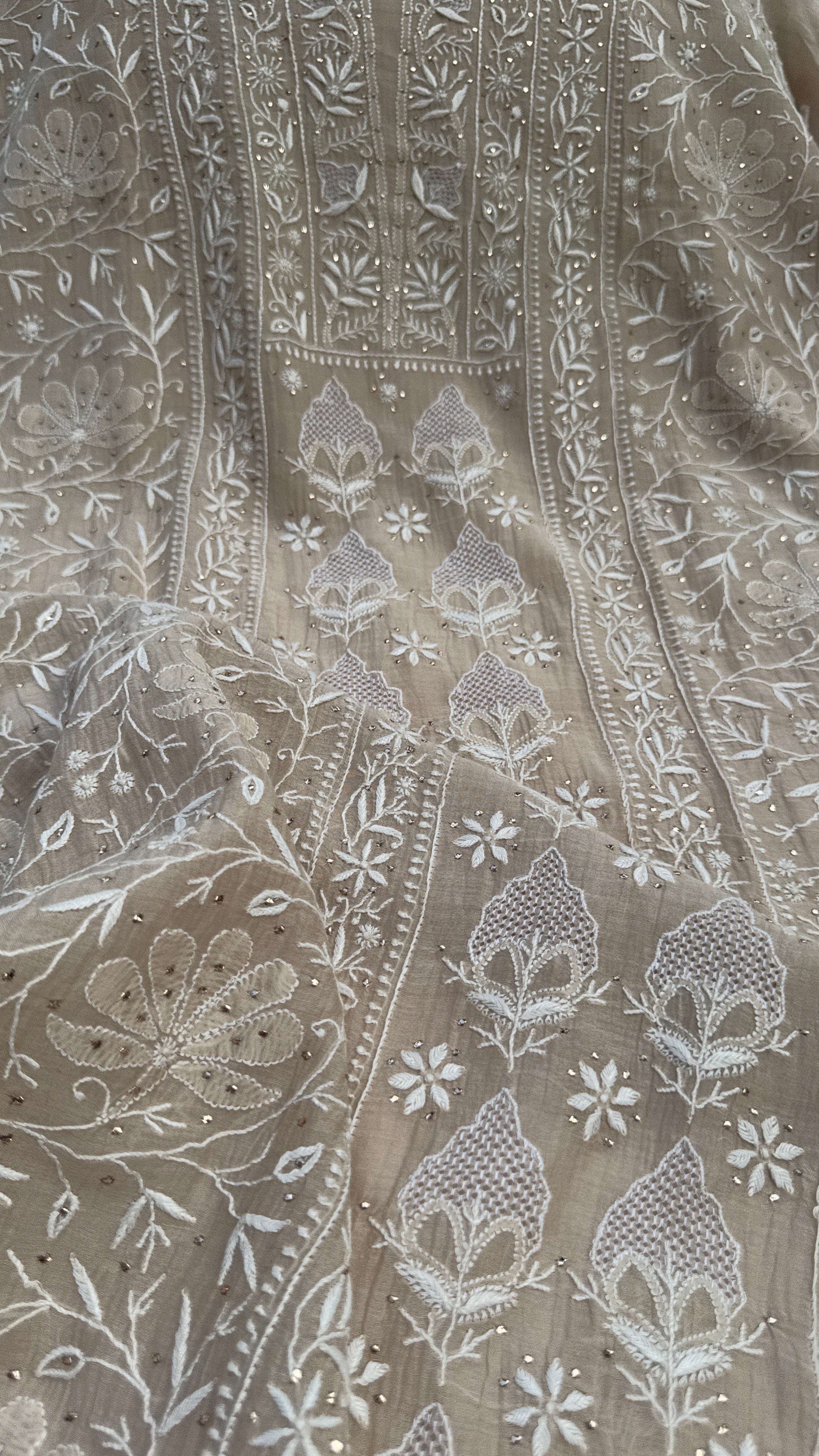 Mul Chanderi Chikankari Unstitched Length with Dupatta with Mukaish Add-On - Beige
