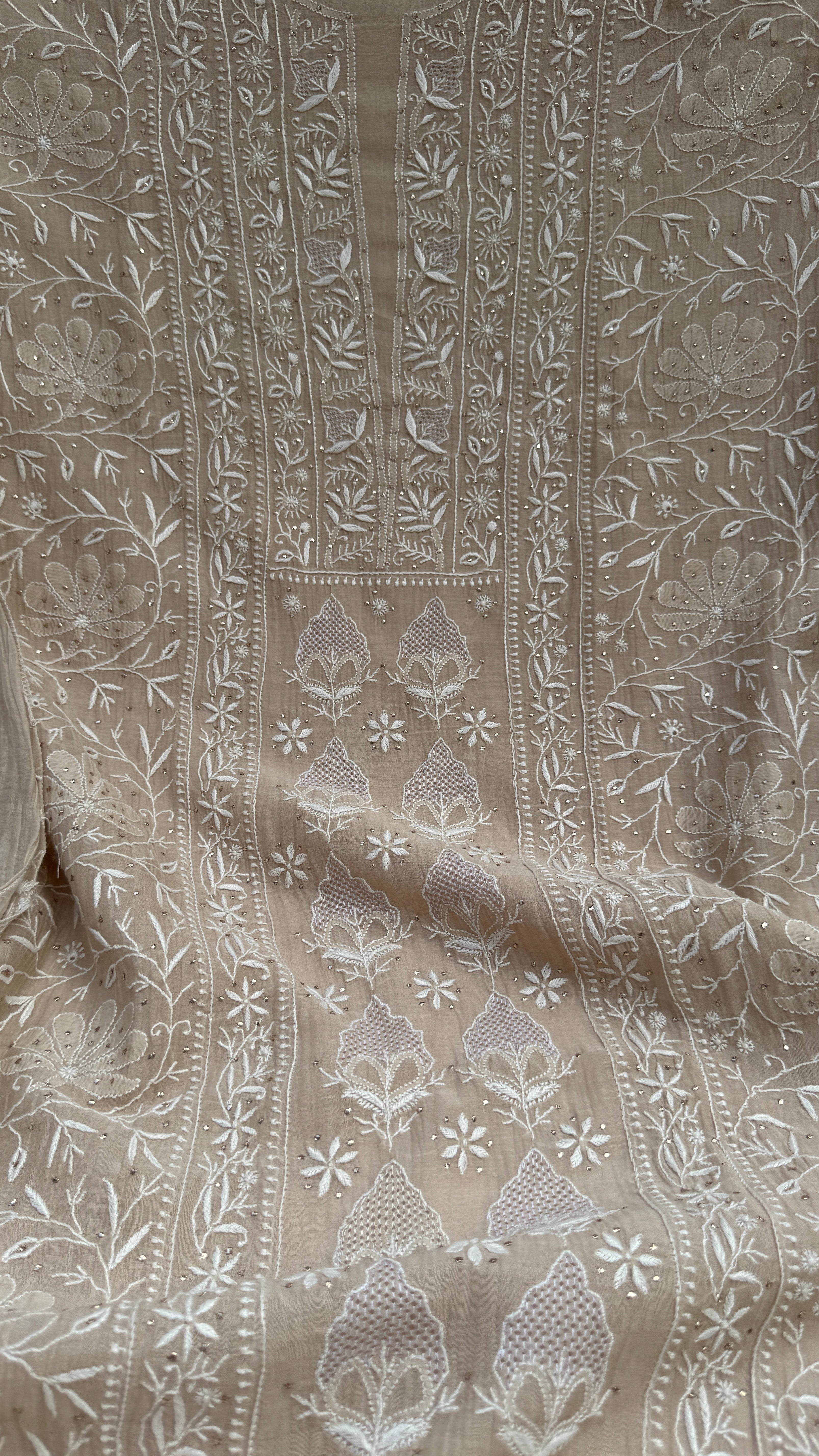 Mul Chanderi Chikankari Unstitched Length with Dupatta with Mukaish Add-On - Beige