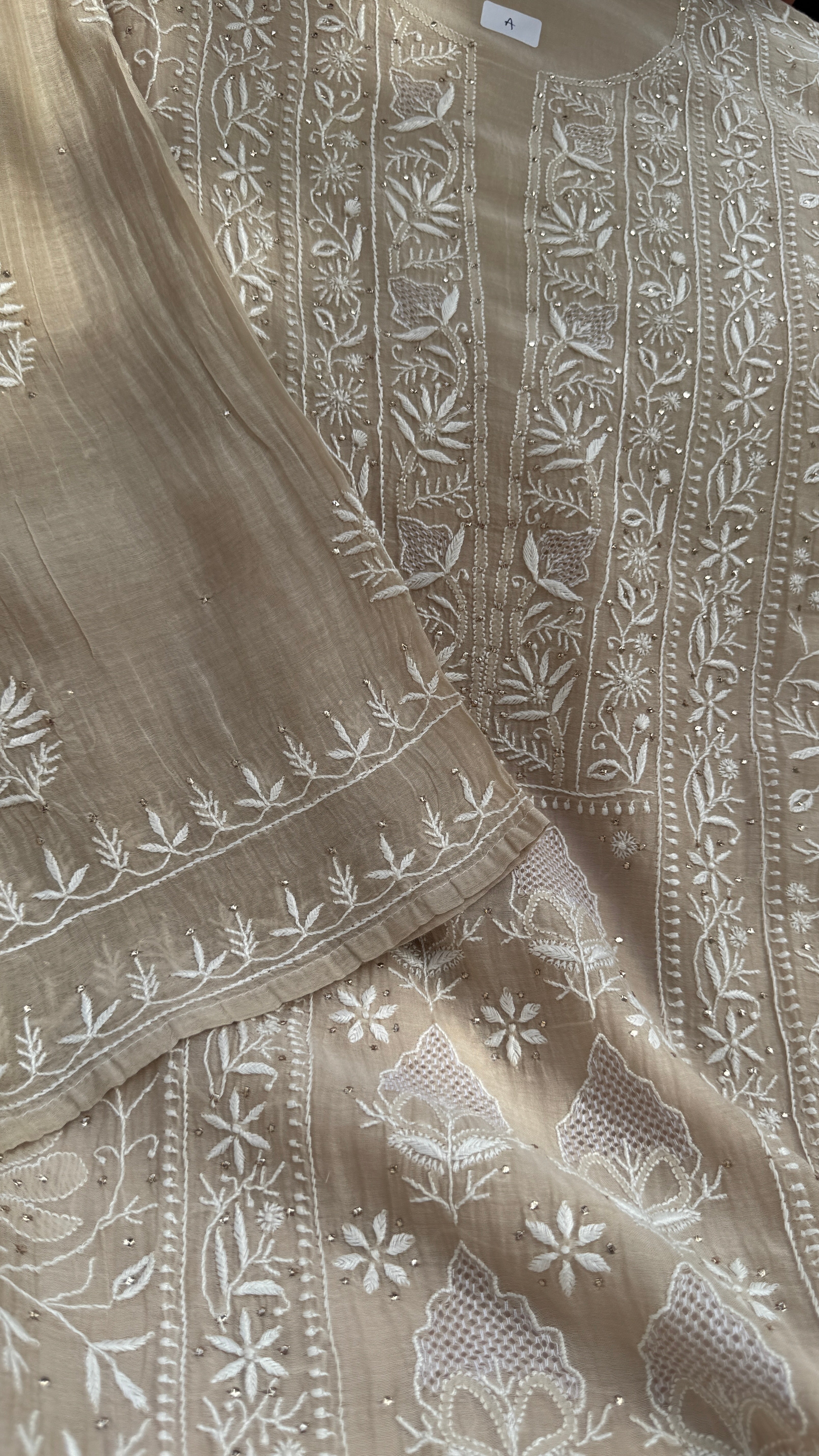 Mul Chanderi Chikankari Unstitched Length with Dupatta with Mukaish Add-On - Beige