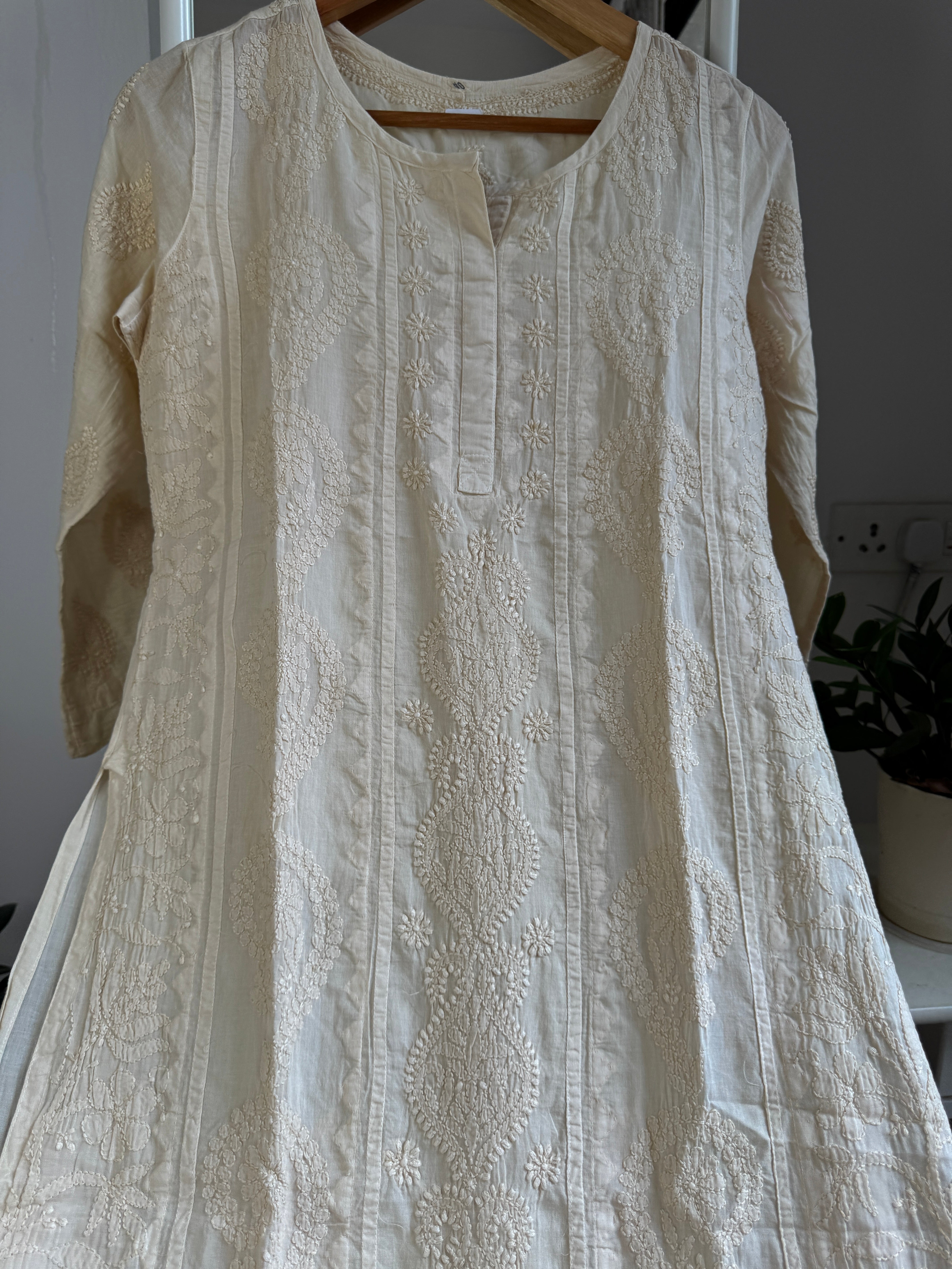 Mul Cotton Beige Chikankari Kurti - Bela Collection