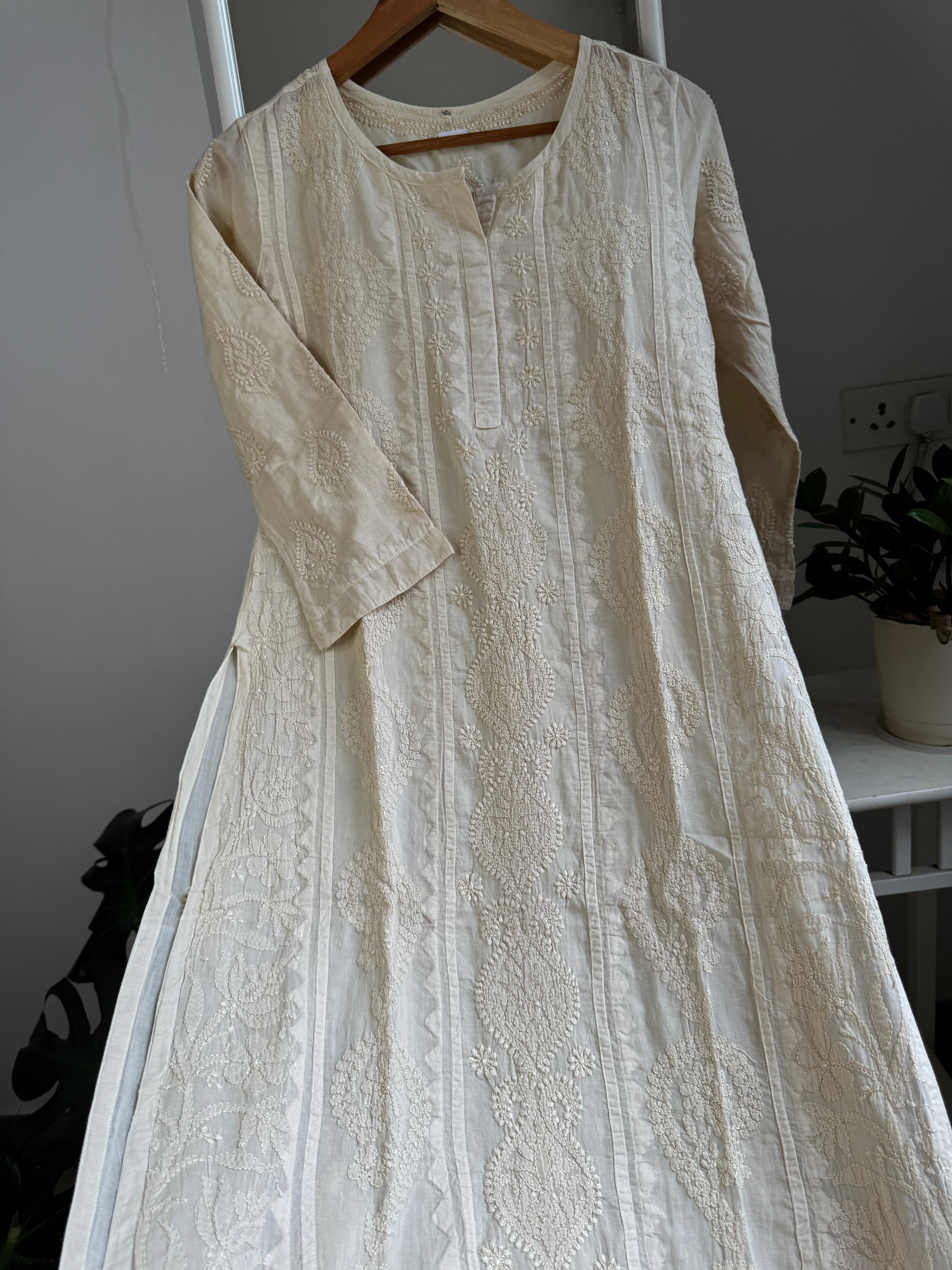 Mul Cotton Beige Chikankari Kurti - Bela Collection