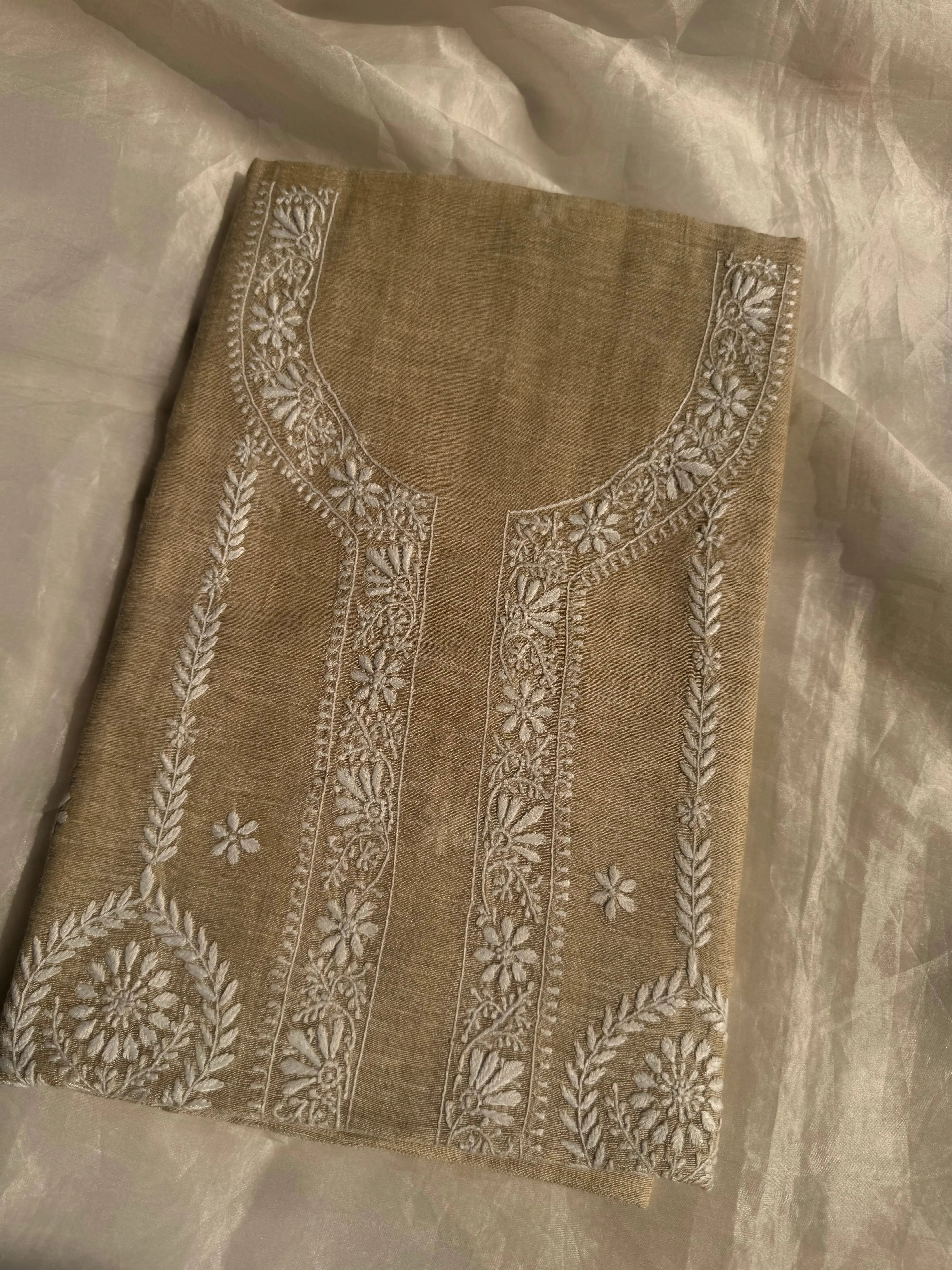 Chanderi Chikankari Kurta Length - Mens-Beige ARIAA CHIKANKARI 