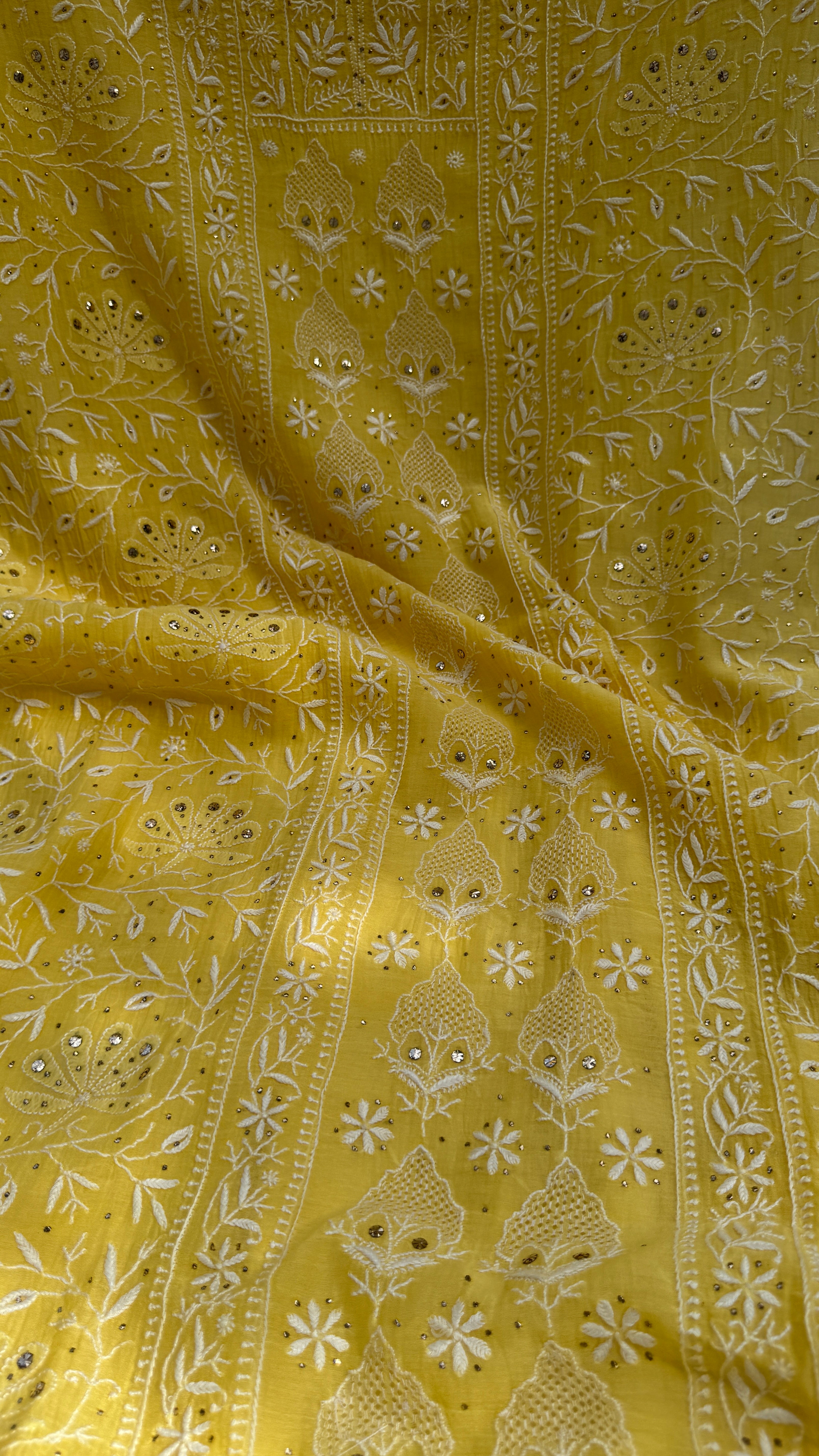 Mul Chanderi Chikankari Unstitched Length with Dupatta with Mukaish Add-On - Yellow