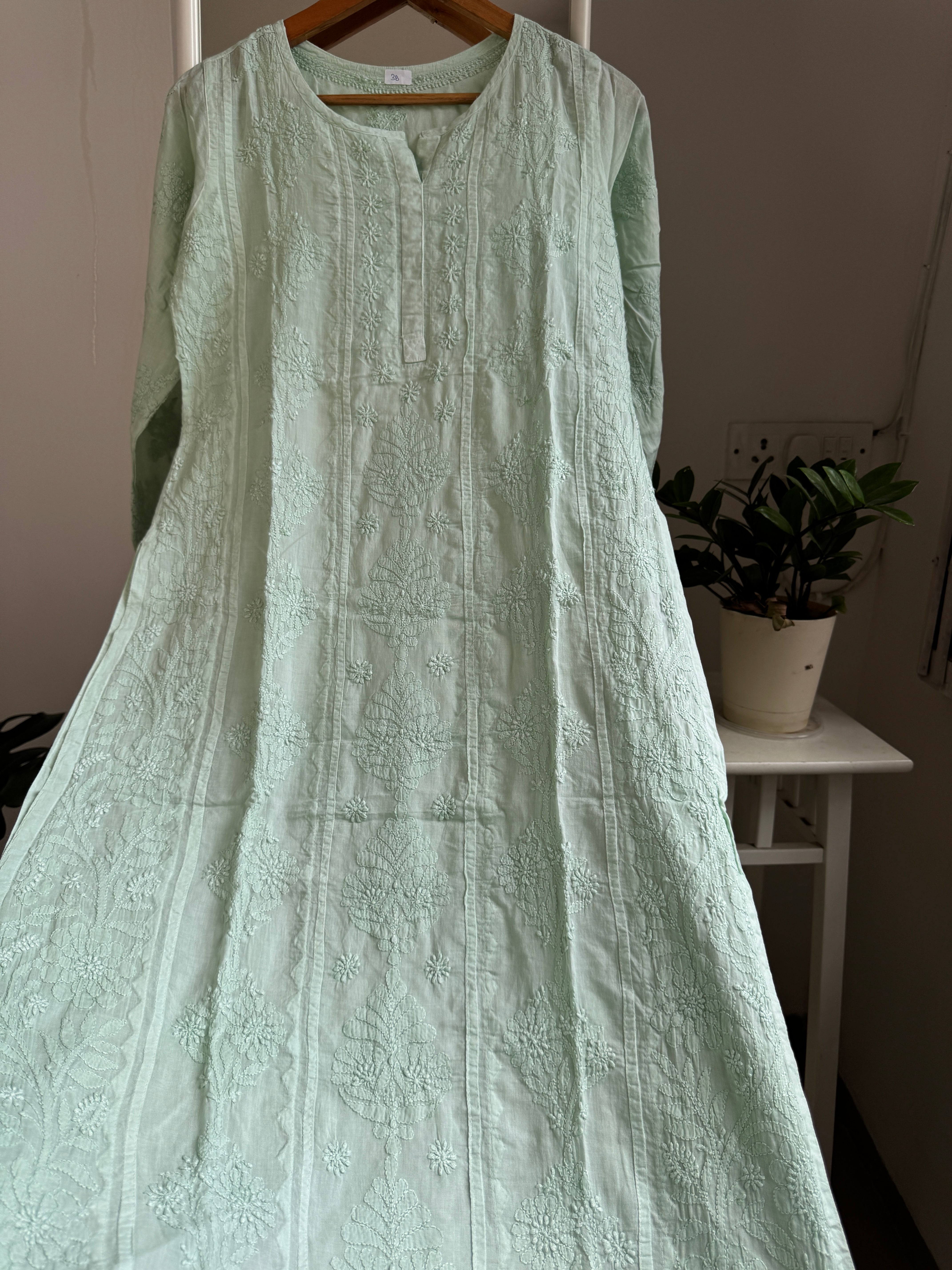Mul Cotton Green Chikankari Kurti - Bela Collection