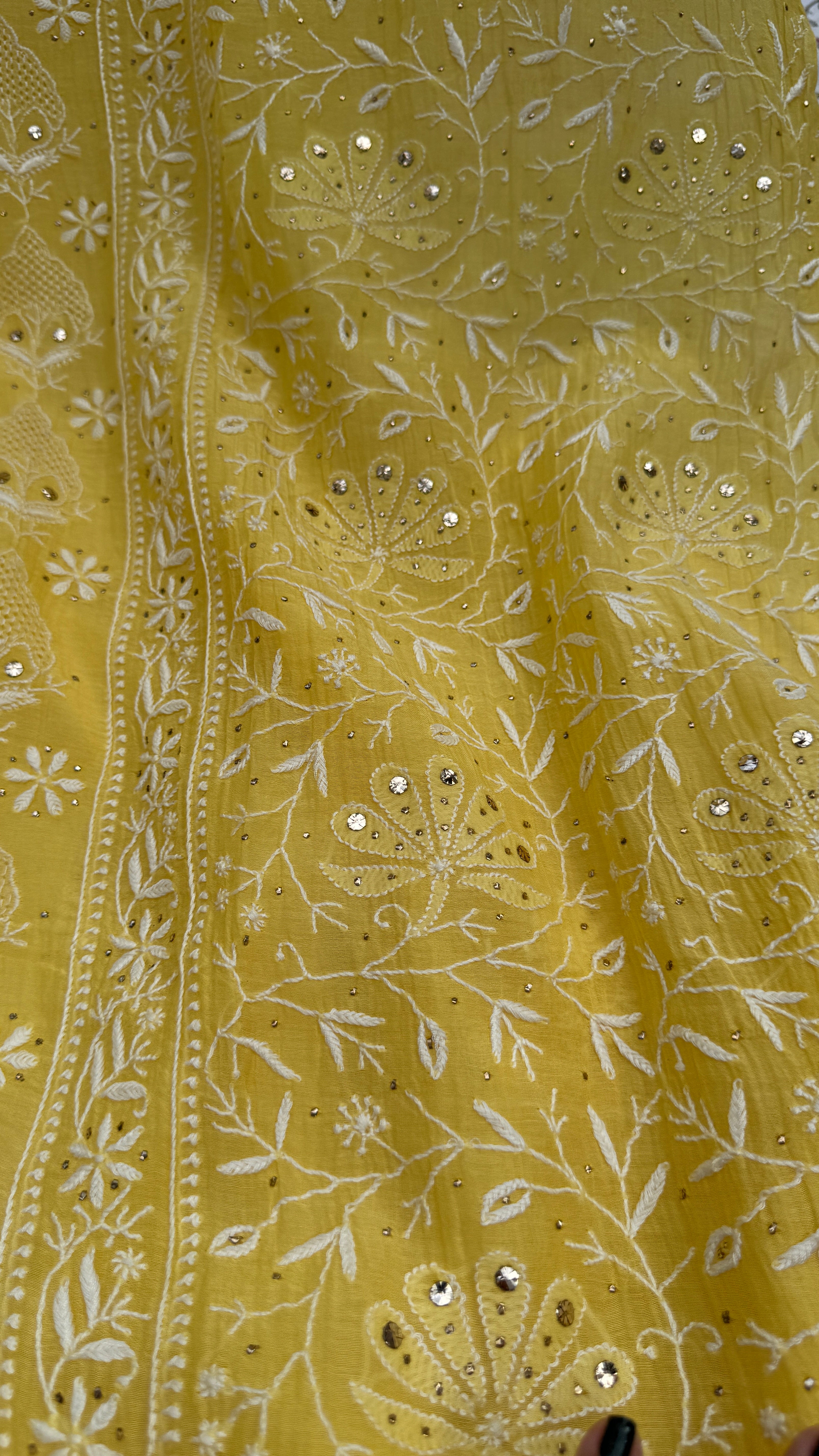 Mul Chanderi Chikankari Unstitched Length with Dupatta with Mukaish Add-On - Yellow