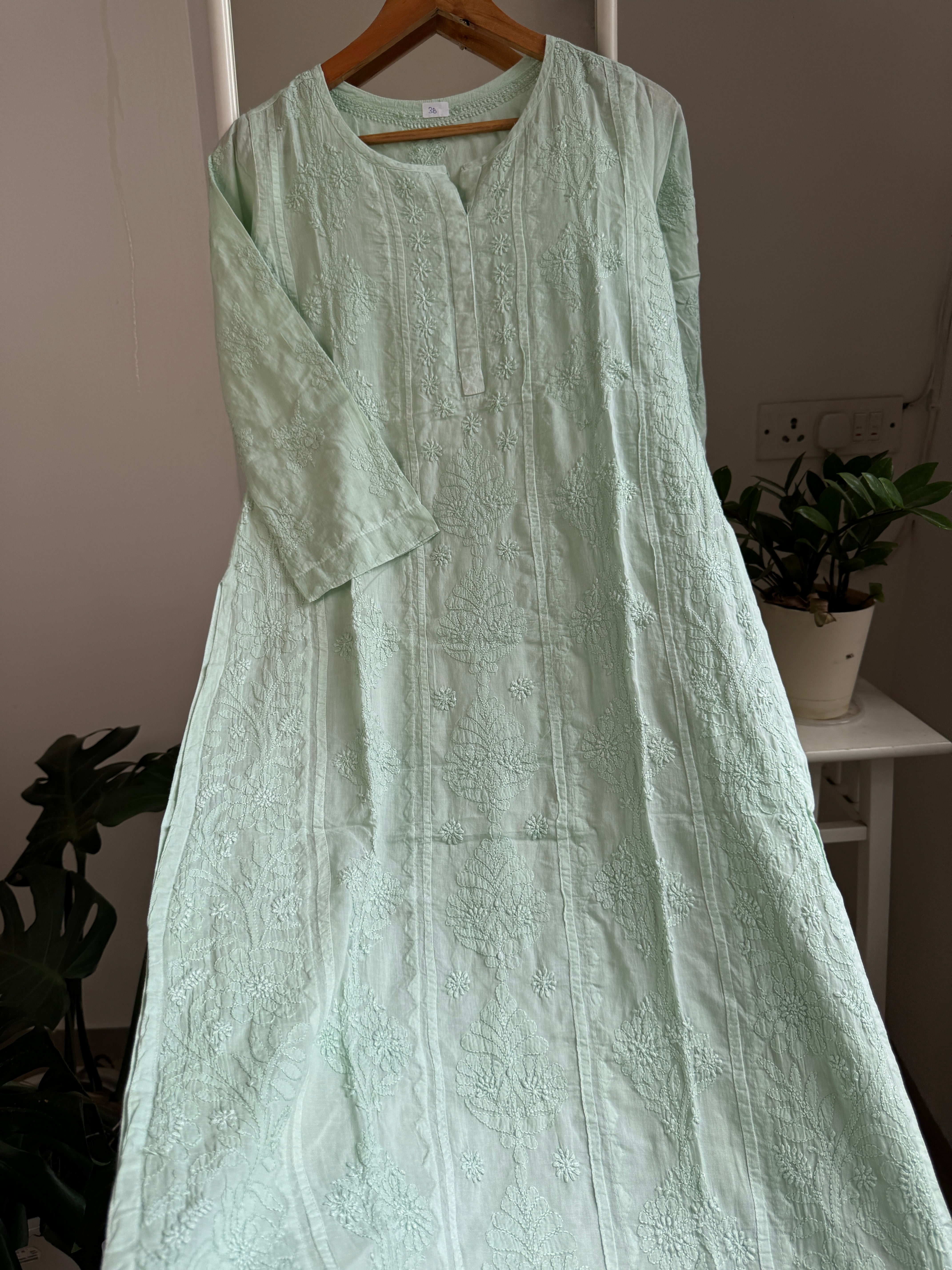 Mul Cotton Green Chikankari Kurti - Bela Collection ARIAA CHIKANKARI 