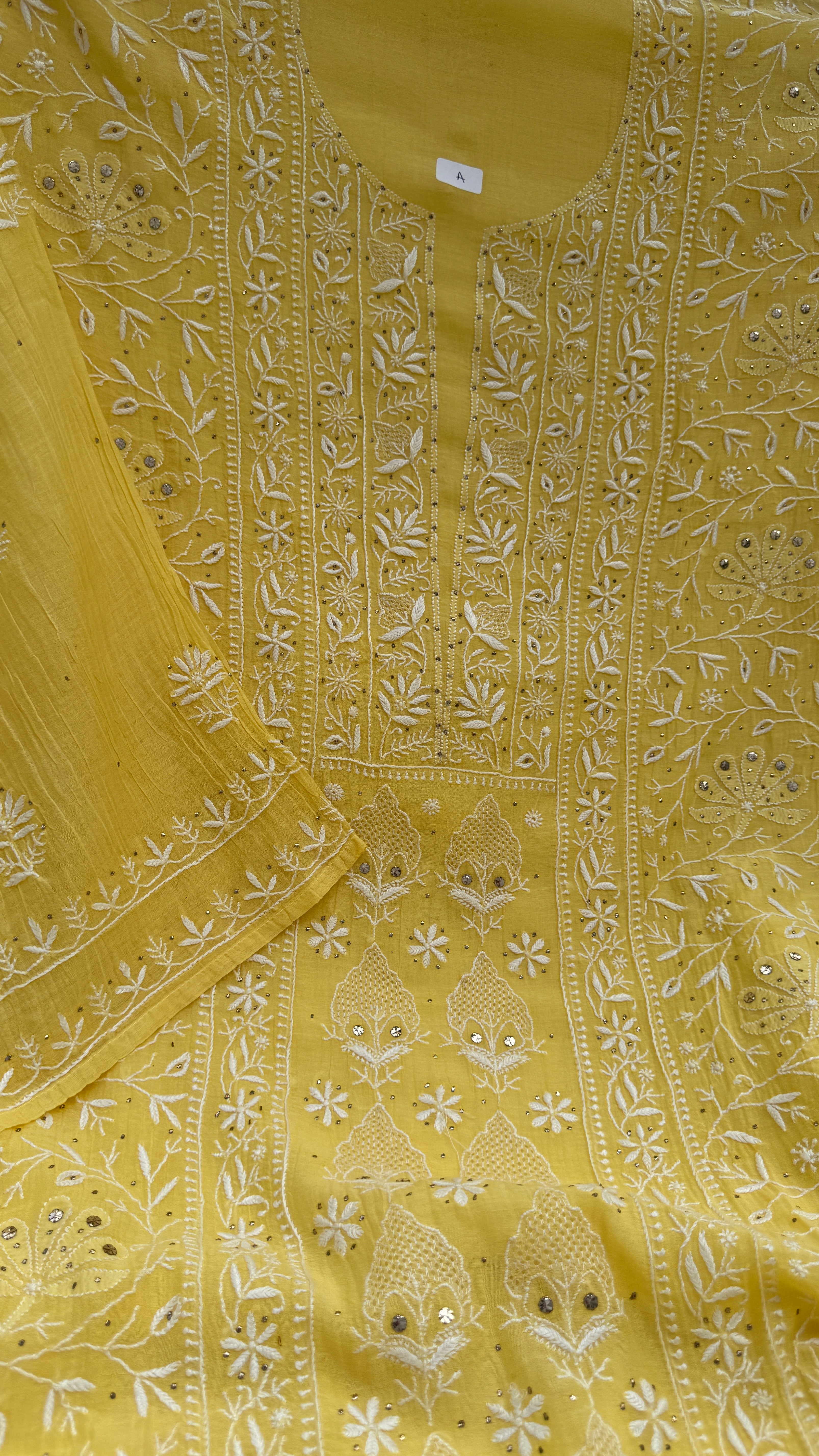 Mul Chanderi Chikankari Unstitched Length with Dupatta with Mukaish Add-On - Yellow
