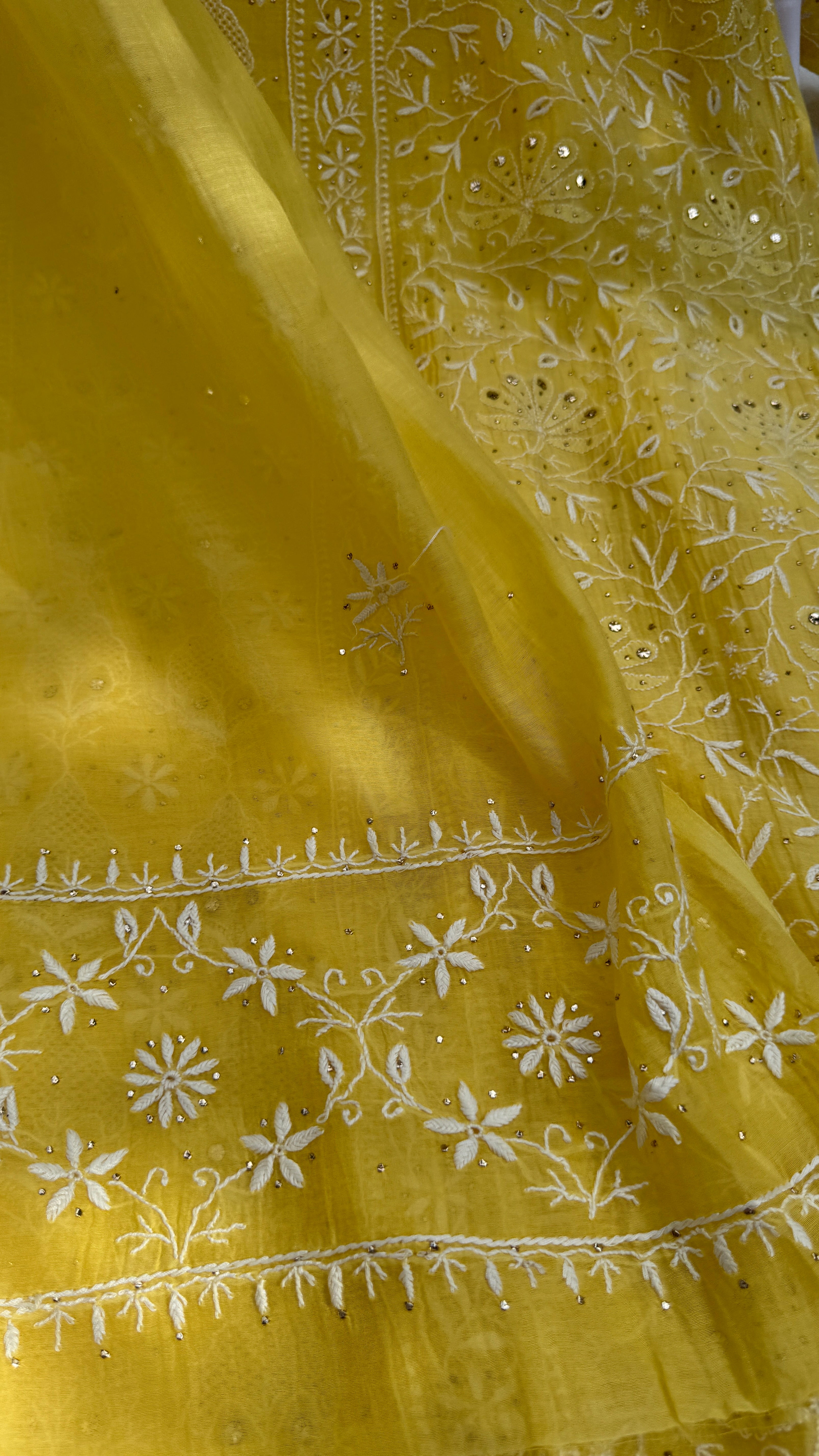 Mul Chanderi Chikankari Unstitched Length with Dupatta with Mukaish Add-On - Yellow