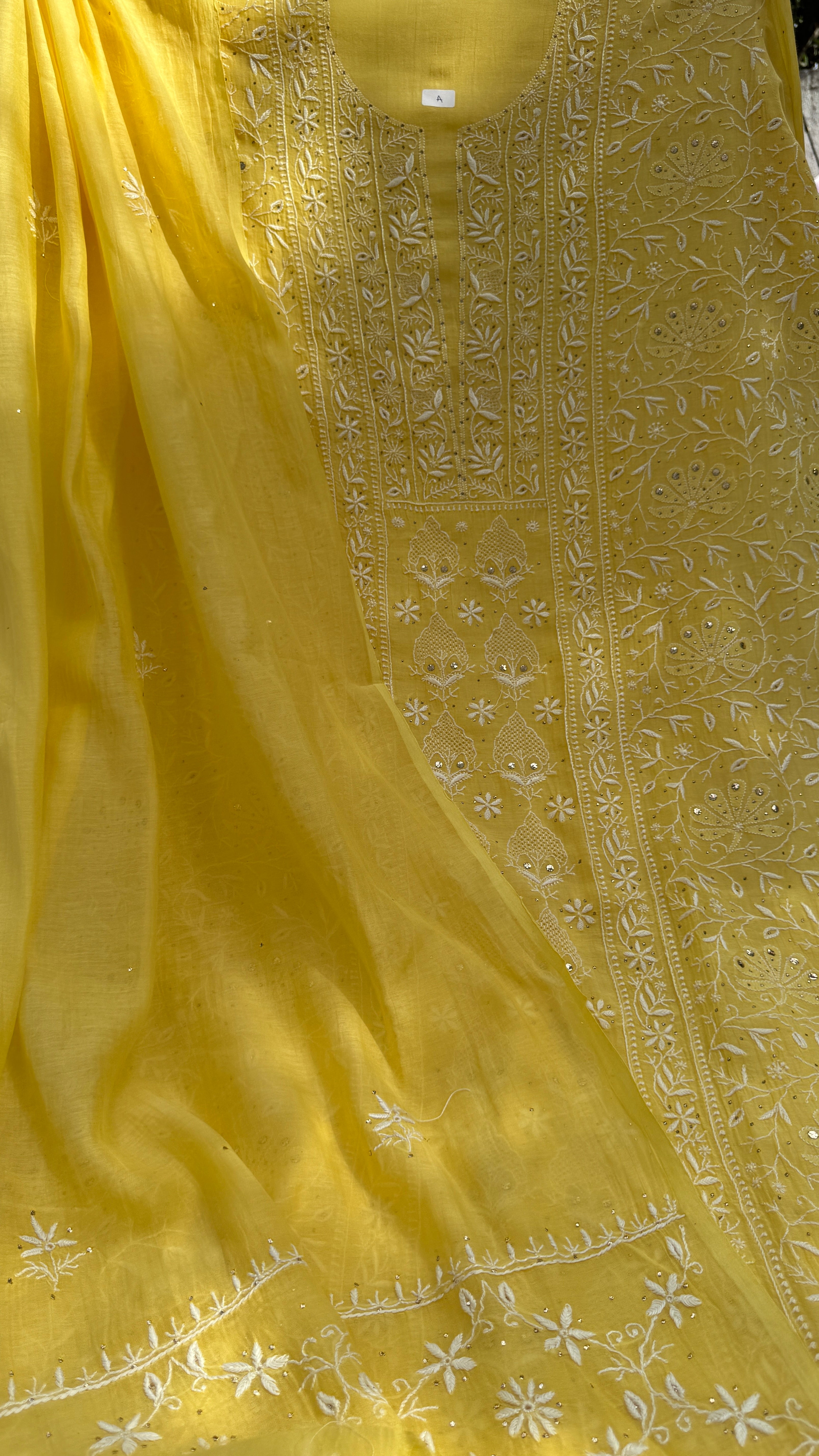Mul Chanderi Chikankari Unstitched Length with Dupatta with Mukaish Add-On - Yellow