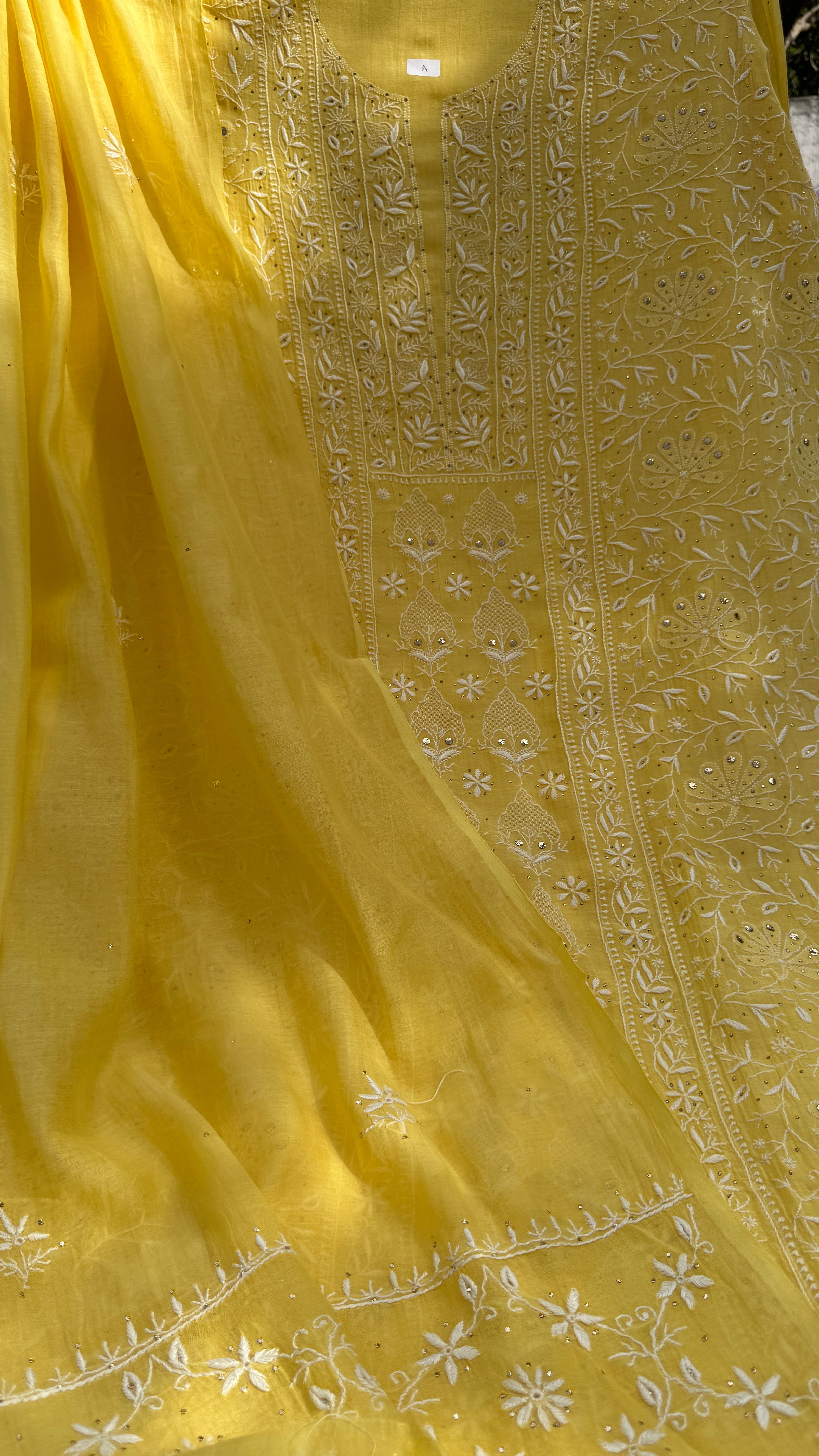 Mul Chanderi Chikankari Unstitched Length with Dupatta with Mukaish Add-On - Yellow