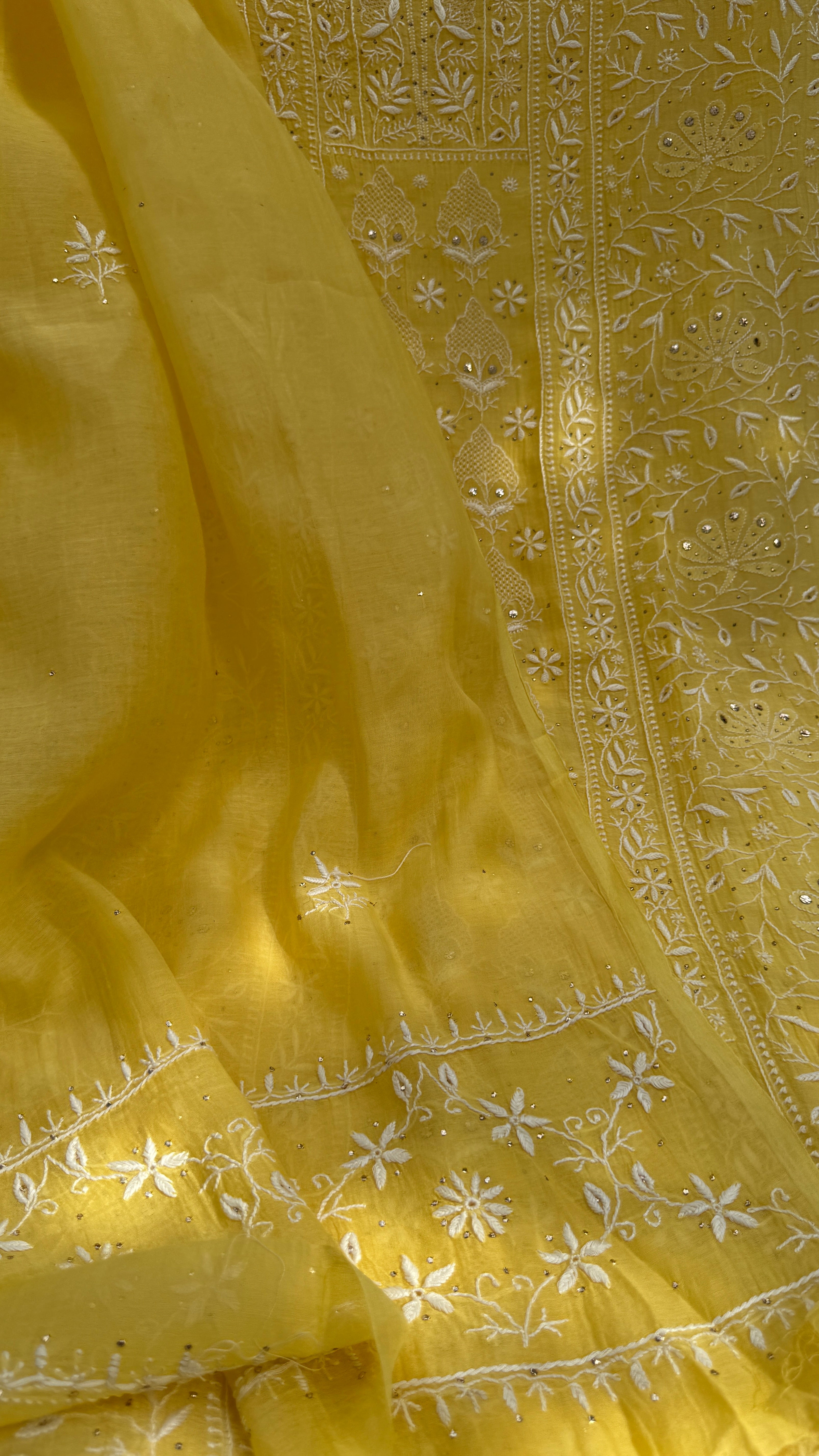 Mul Chanderi Chikankari Unstitched Length with Dupatta with Mukaish Add-On - Yellow