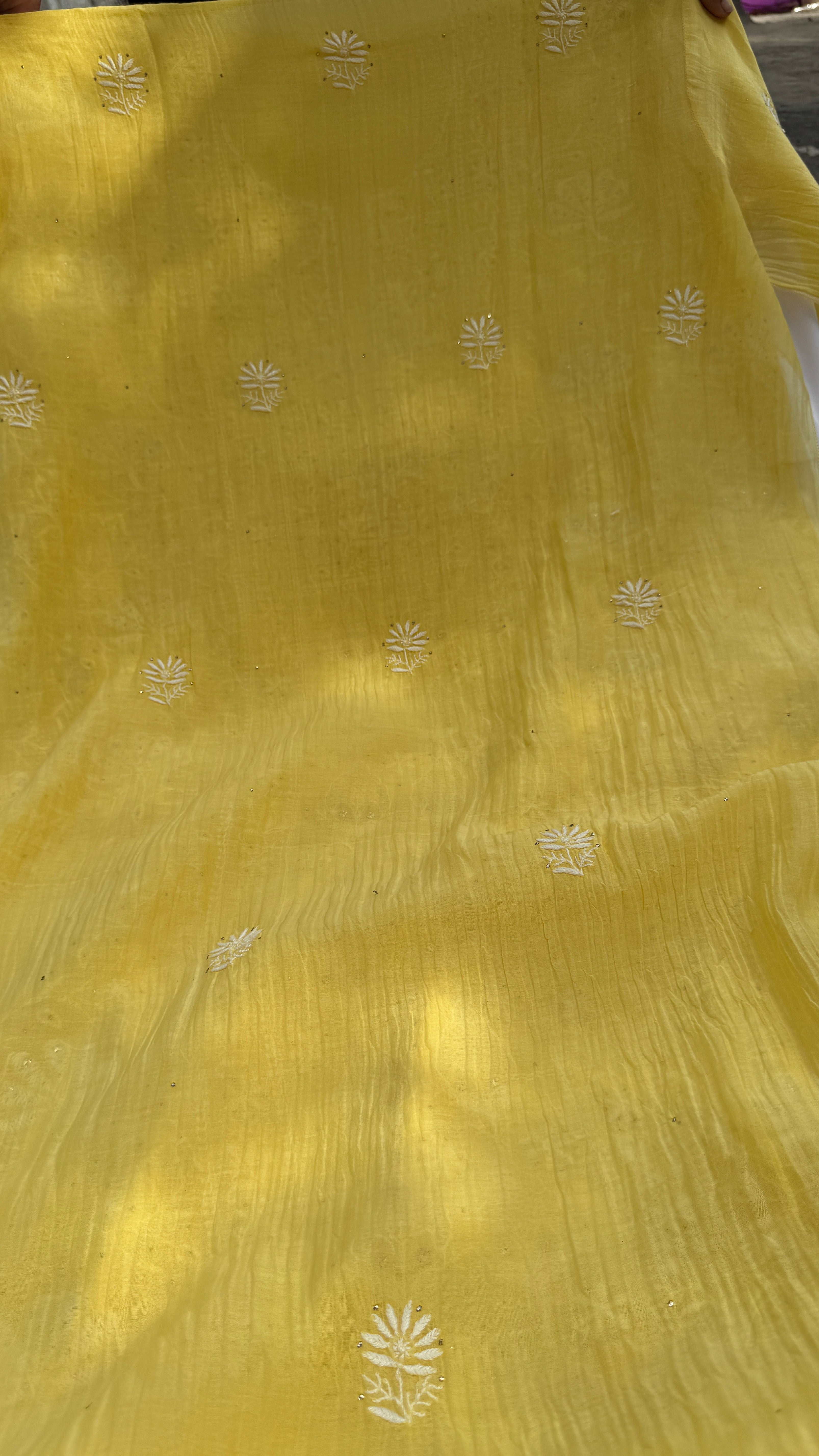 Mul Chanderi Chikankari Unstitched Length with Dupatta with Mukaish Add-On - Yellow