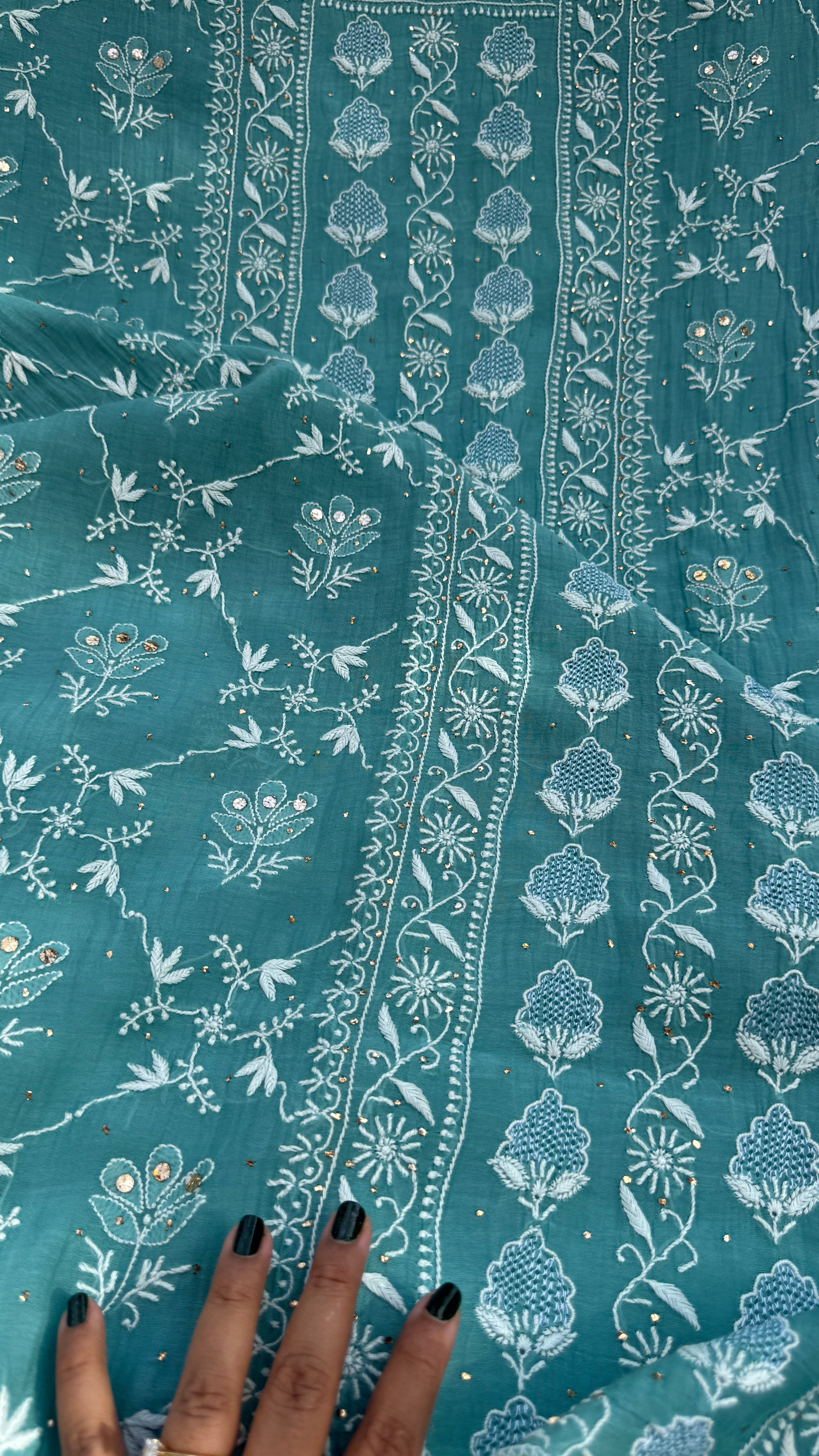 Mul Chanderi Chikankari Unstitched Length with Dupatta with Mukaish Add-On- Turquoise Green