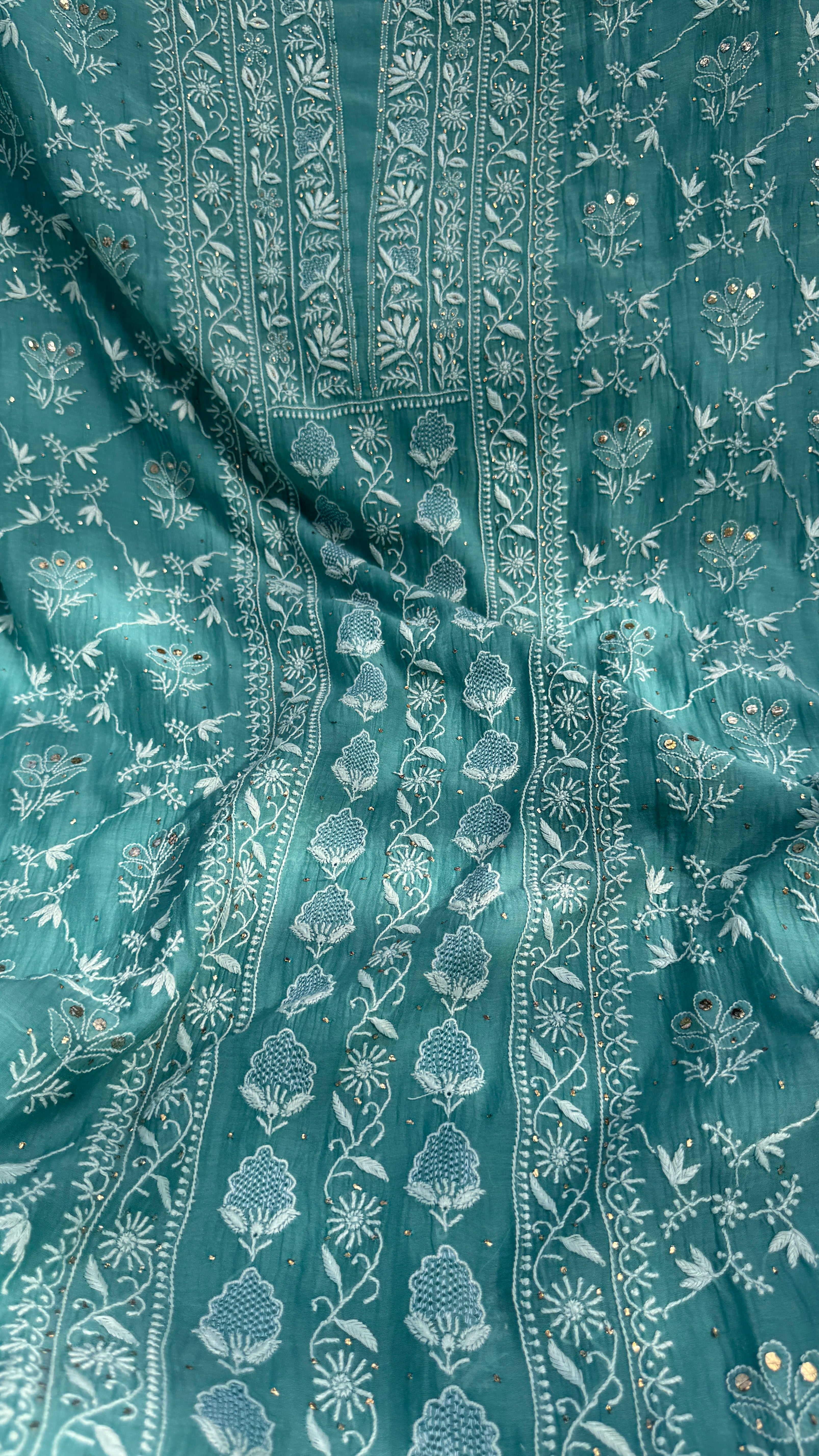 Mul Chanderi Chikankari Unstitched Length with Dupatta with Mukaish Add-On- Turquoise Green
