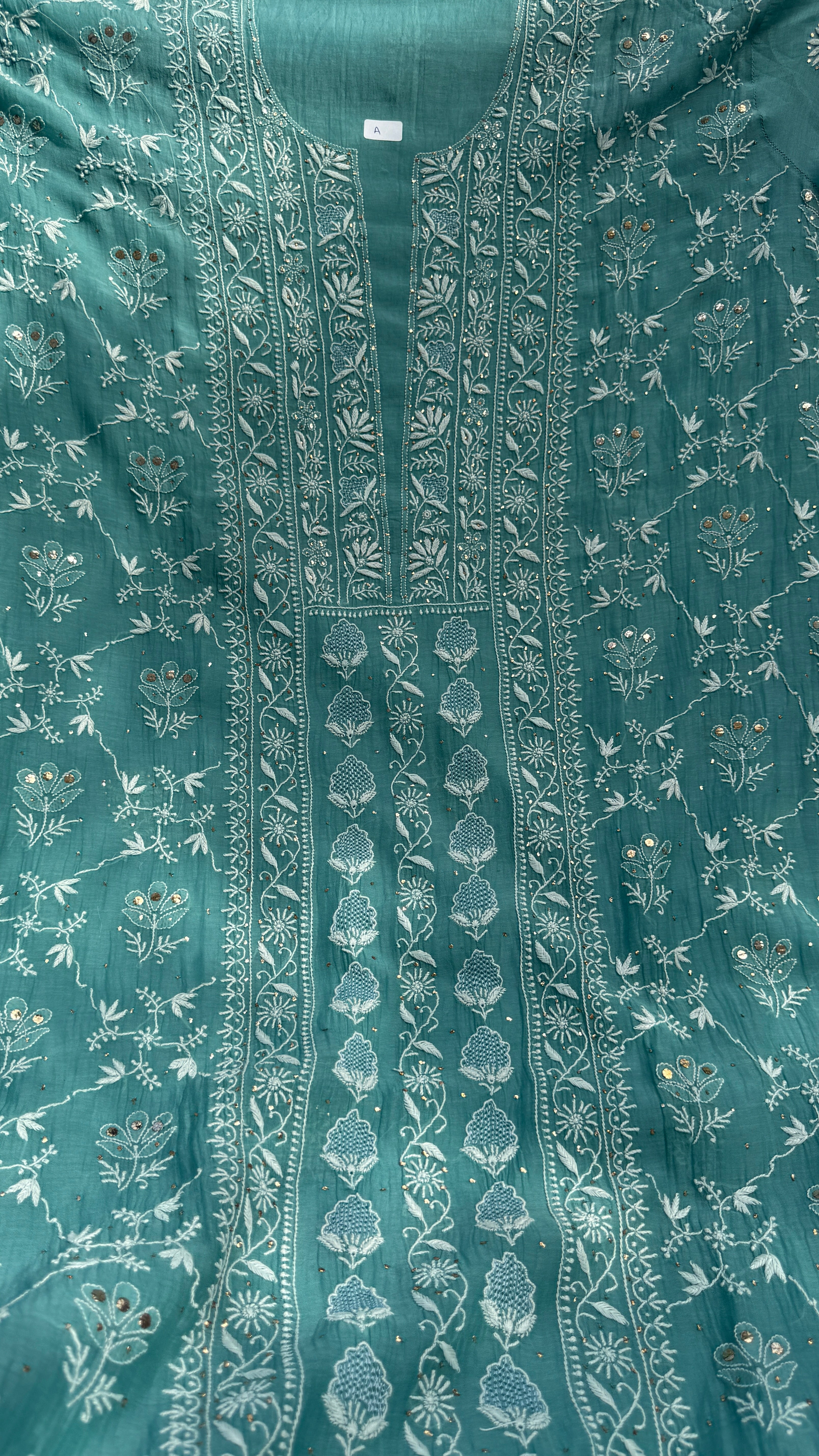 Mul Chanderi Chikankari Unstitched Length with Dupatta with Mukaish Add-On- Turquoise Green