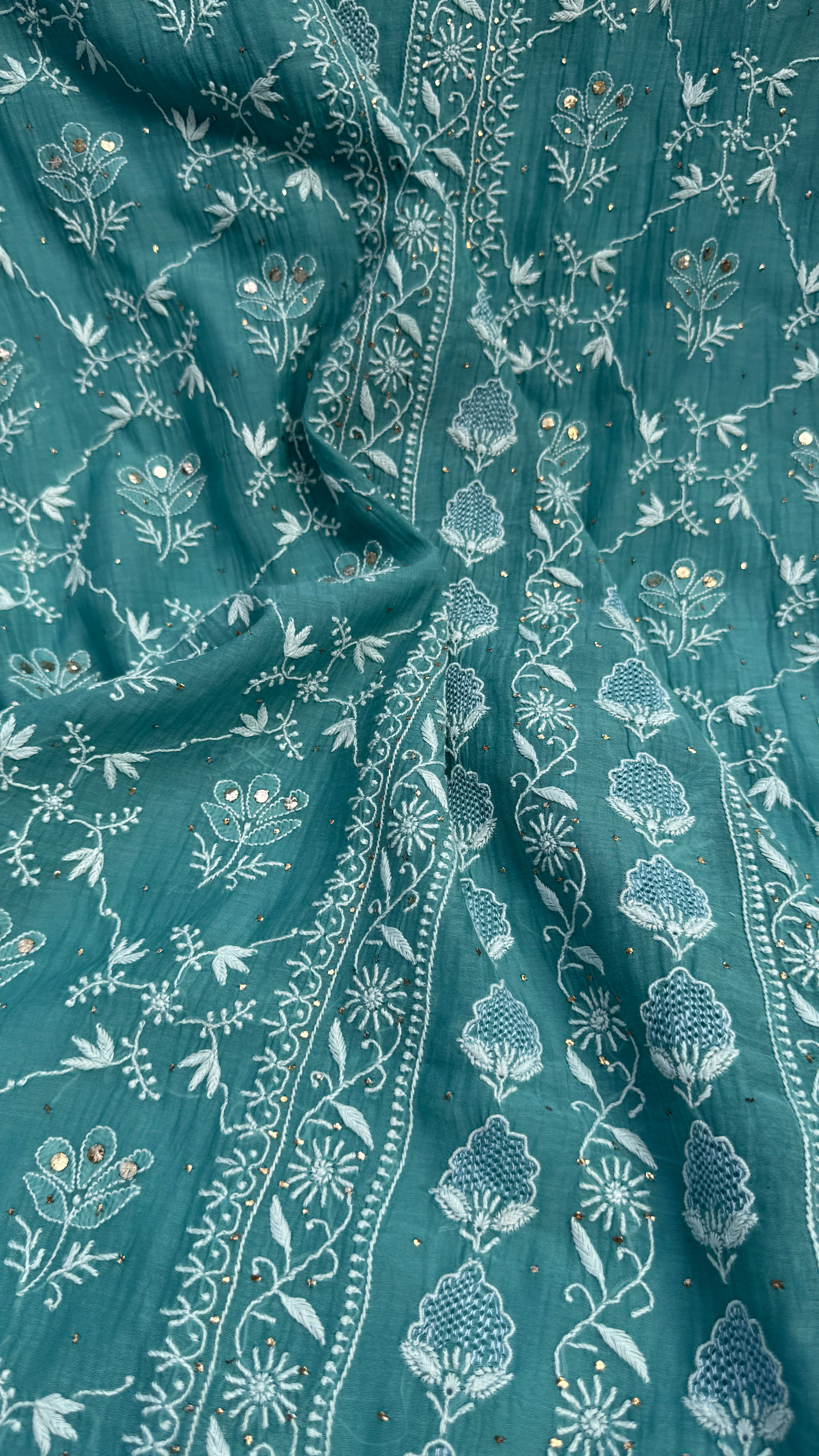 Mul Chanderi Chikankari Unstitched Length with Dupatta with Mukaish Add-On- Turquoise Green