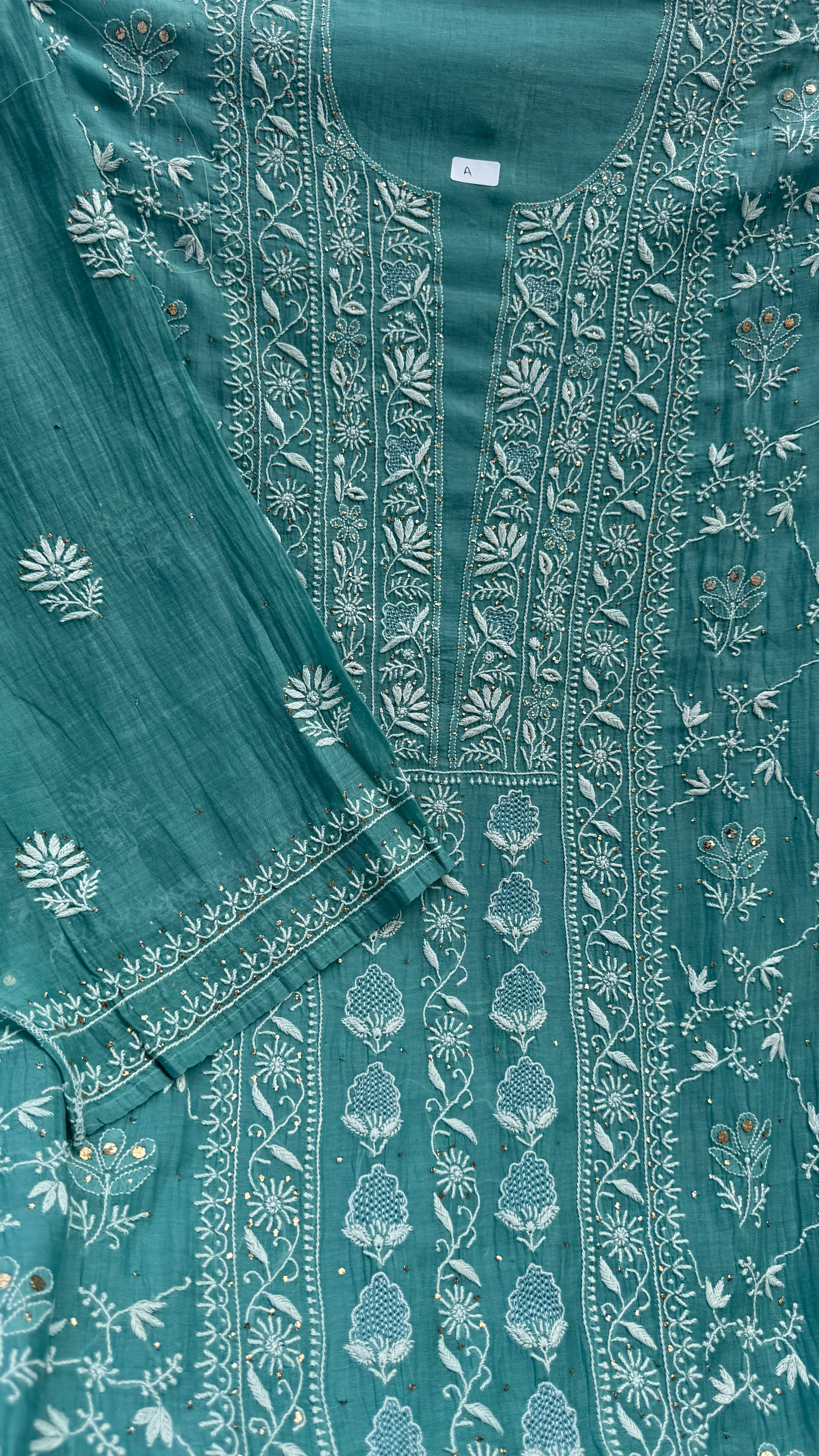 Mul Chanderi Chikankari Unstitched Length with Dupatta with Mukaish Add-On- Turquoise Green